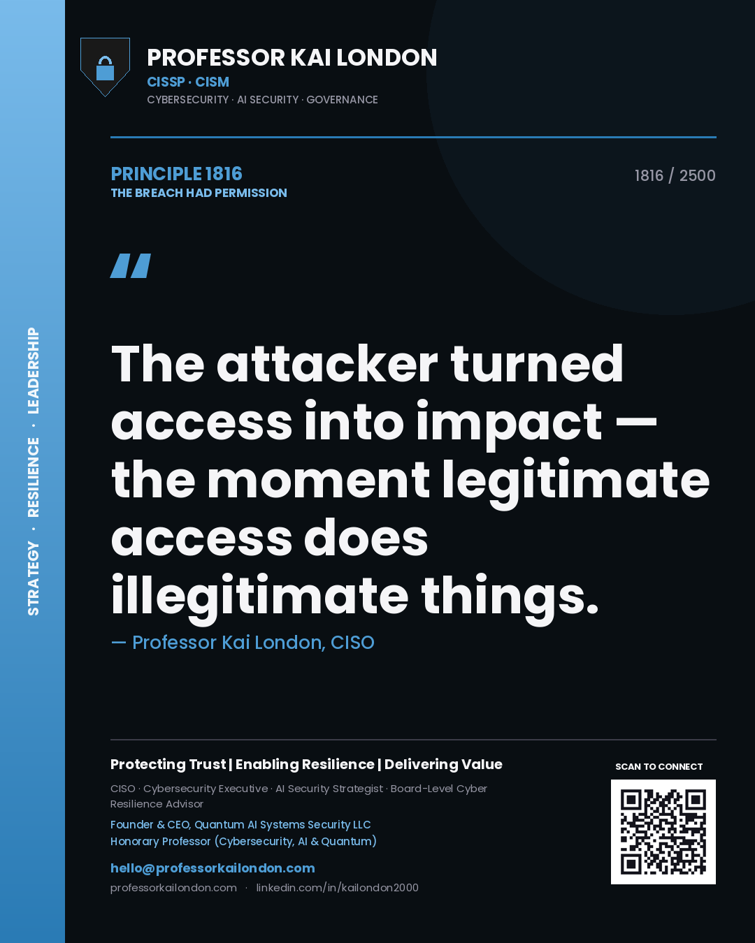 Professor Kai London principle 1816: The attacker turned access into impact — the moment legitimate access does illegitimate things.
