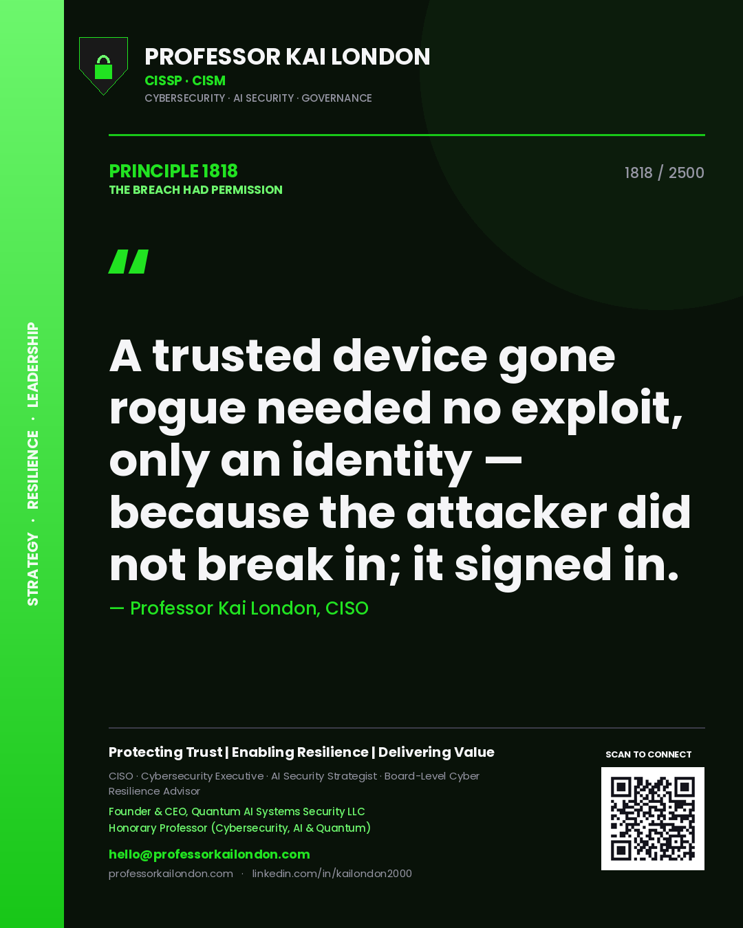 Professor Kai London principle 1818: A trusted device gone rogue needed no exploit, only an identity — because the attacker did not break in; it signed in.