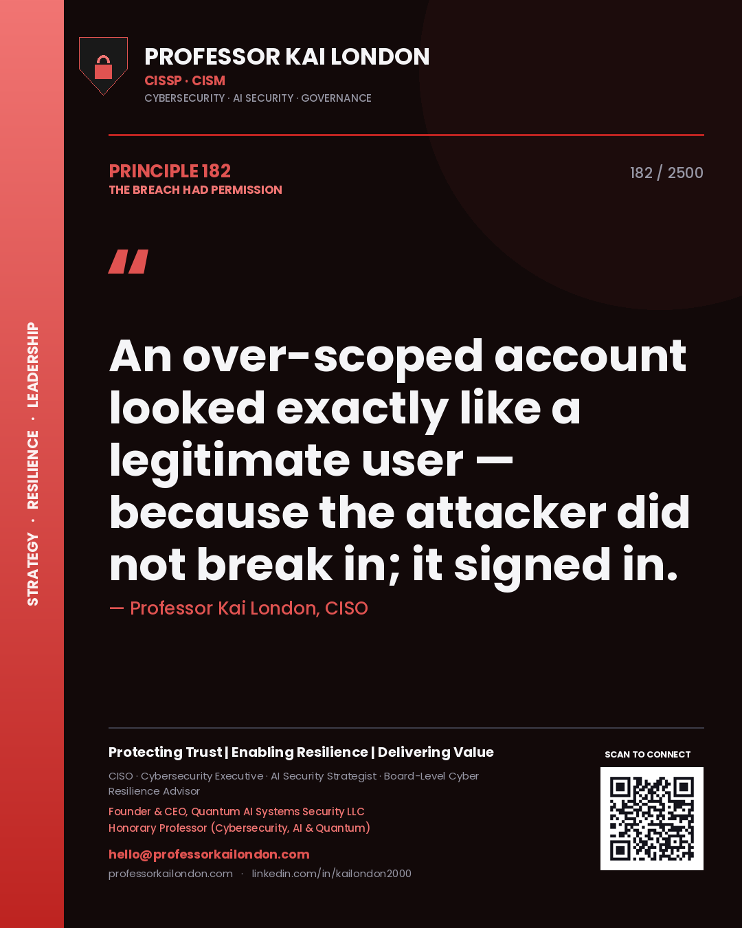 Professor Kai London principle 182: An over-scoped account looked exactly like a legitimate user — because the attacker did not break in; it signed in.