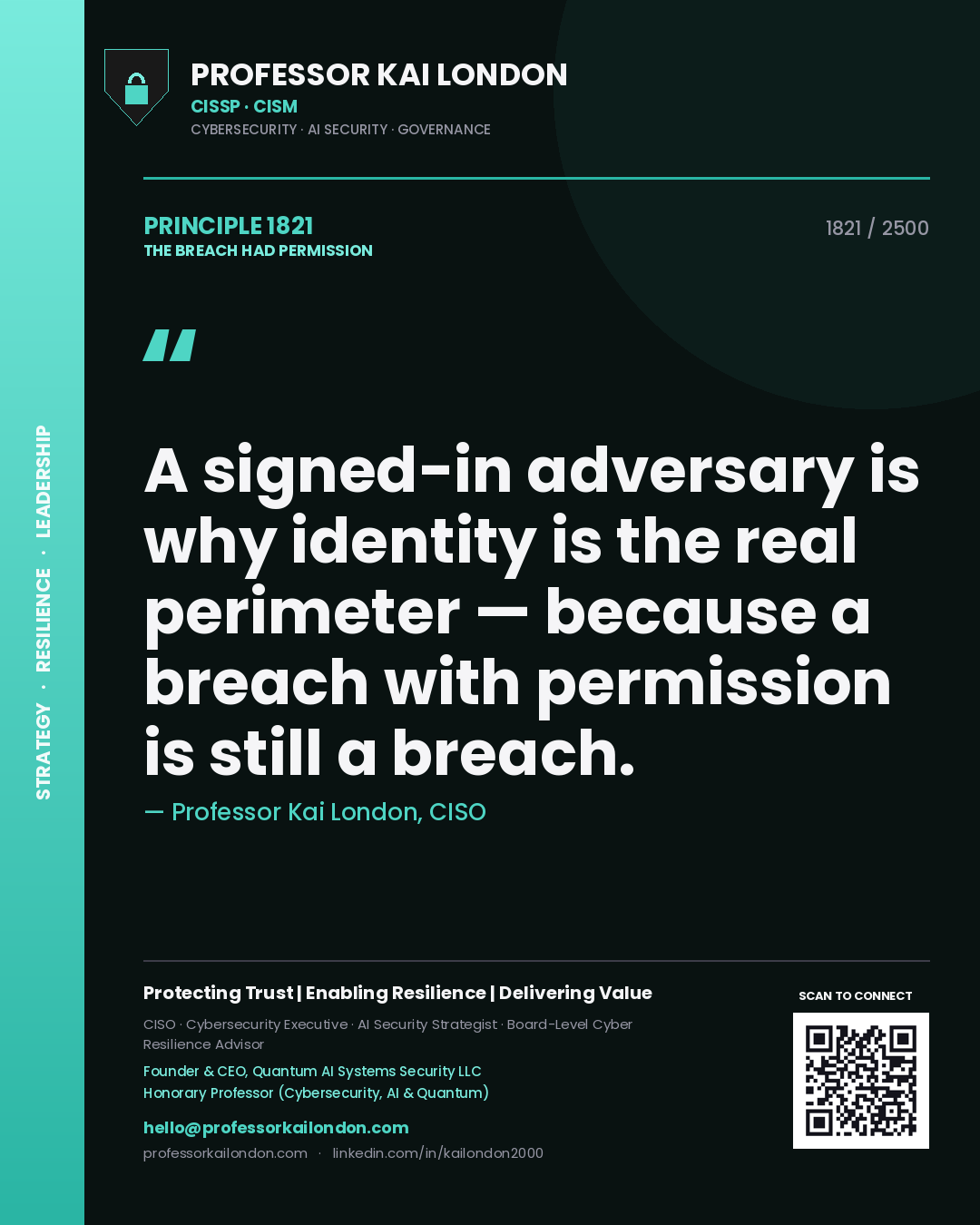 Quote card by Professor Kai London reading 'A signed-in adversary is why identity is the real perimeter — because a breach with permission is still a breach.'. From the book The Breach Had Permission.