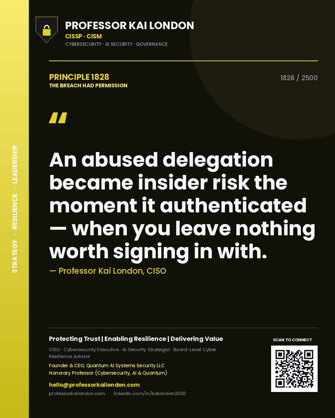 Professor Kai London principle 1828: An abused delegation became insider risk the moment it authenticated — when you leave nothing worth signing in with.