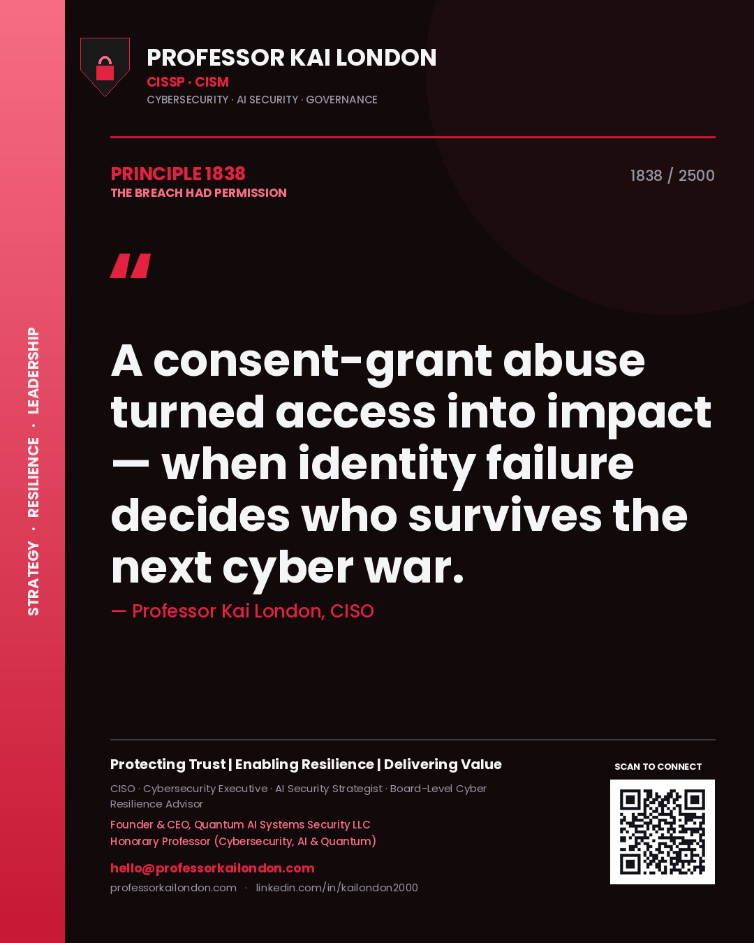 Quote card by Professor Kai London reading 'A consent-grant abuse turned access into impact — when identity failure decides who survives the next cyber war.'. From the book The Breach Had Permission.