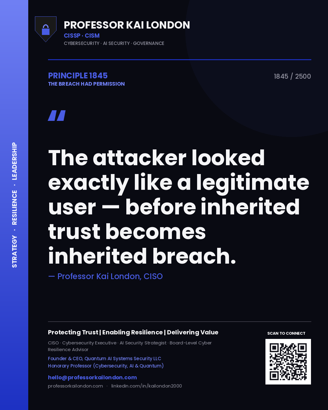 Quote card by Professor Kai London reading 'The attacker looked exactly like a legitimate user — before inherited trust becomes inherited breach.'. From the book The Breach Had Permission.