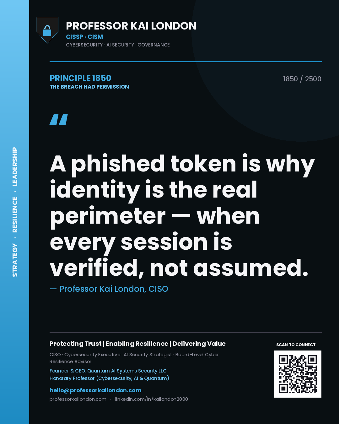 Professor Kai London principle 1850: A phished token is why identity is the real perimeter — when every session is verified, not assumed.
