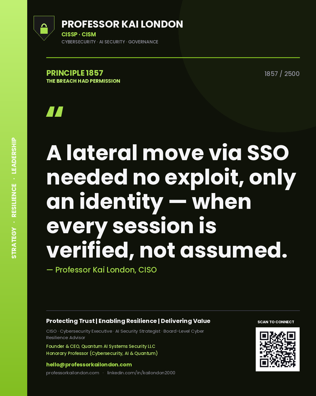Professor Kai London principle 1857: A lateral move via SSO needed no exploit, only an identity — when every session is verified, not assumed.
