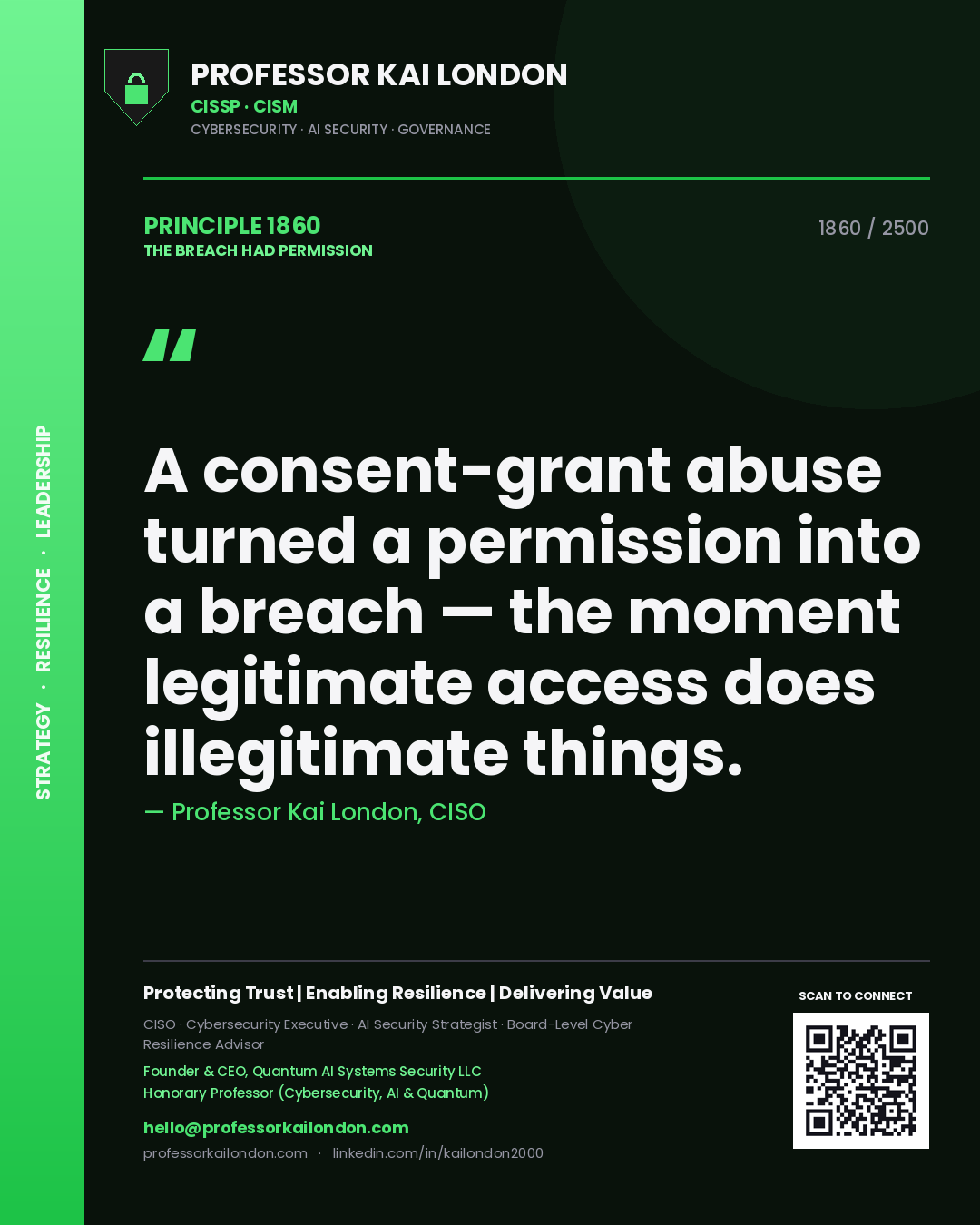 Quote card by Professor Kai London reading 'A consent-grant abuse turned a permission into a breach — the moment legitimate access does illegitimate things.'. From the book The Breach Had Permission.