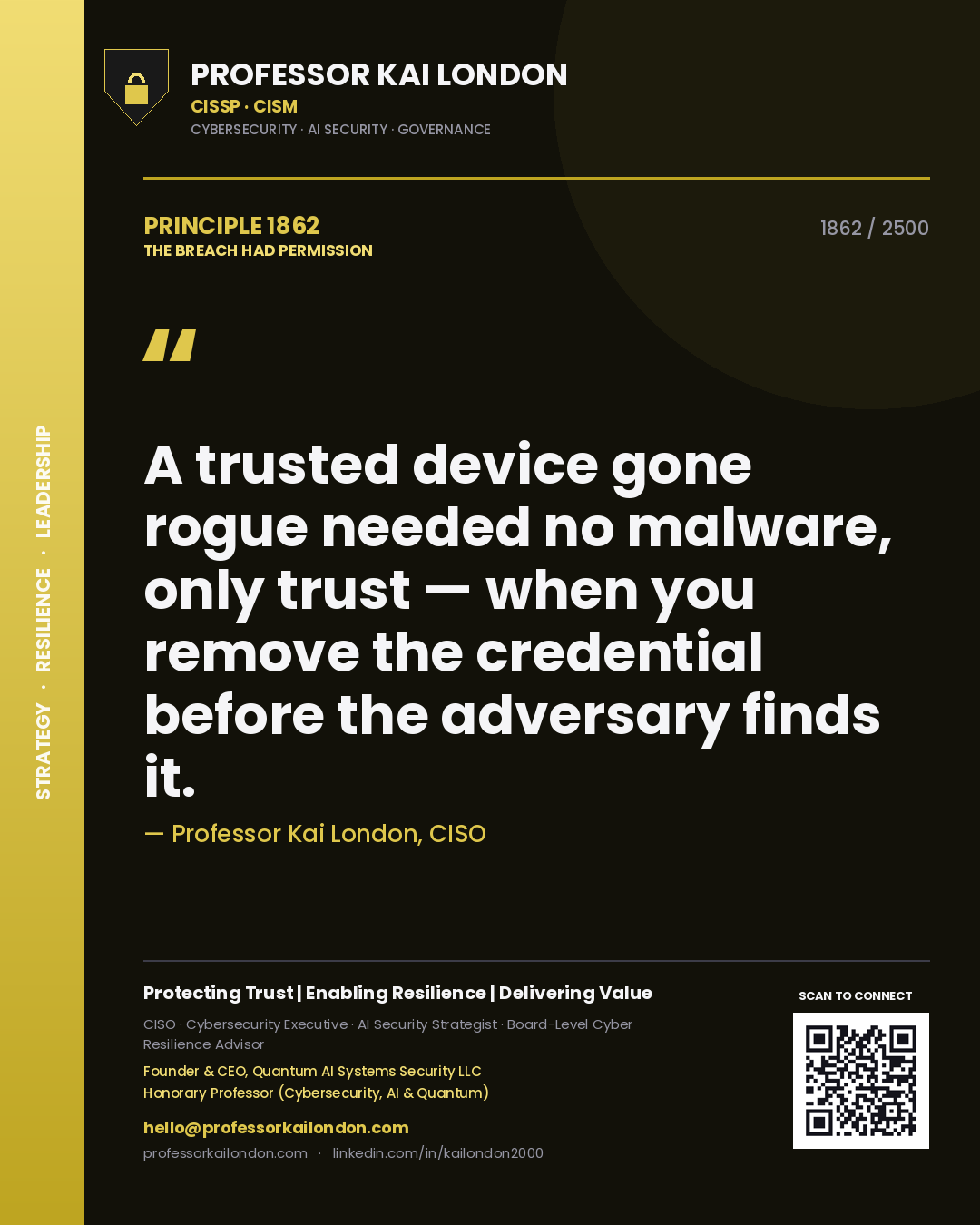 Quote card by Professor Kai London reading 'A trusted device gone rogue needed no malware, only trust — when you remove the credential before the adversary finds it.'. From the book The Breach Had Permission.