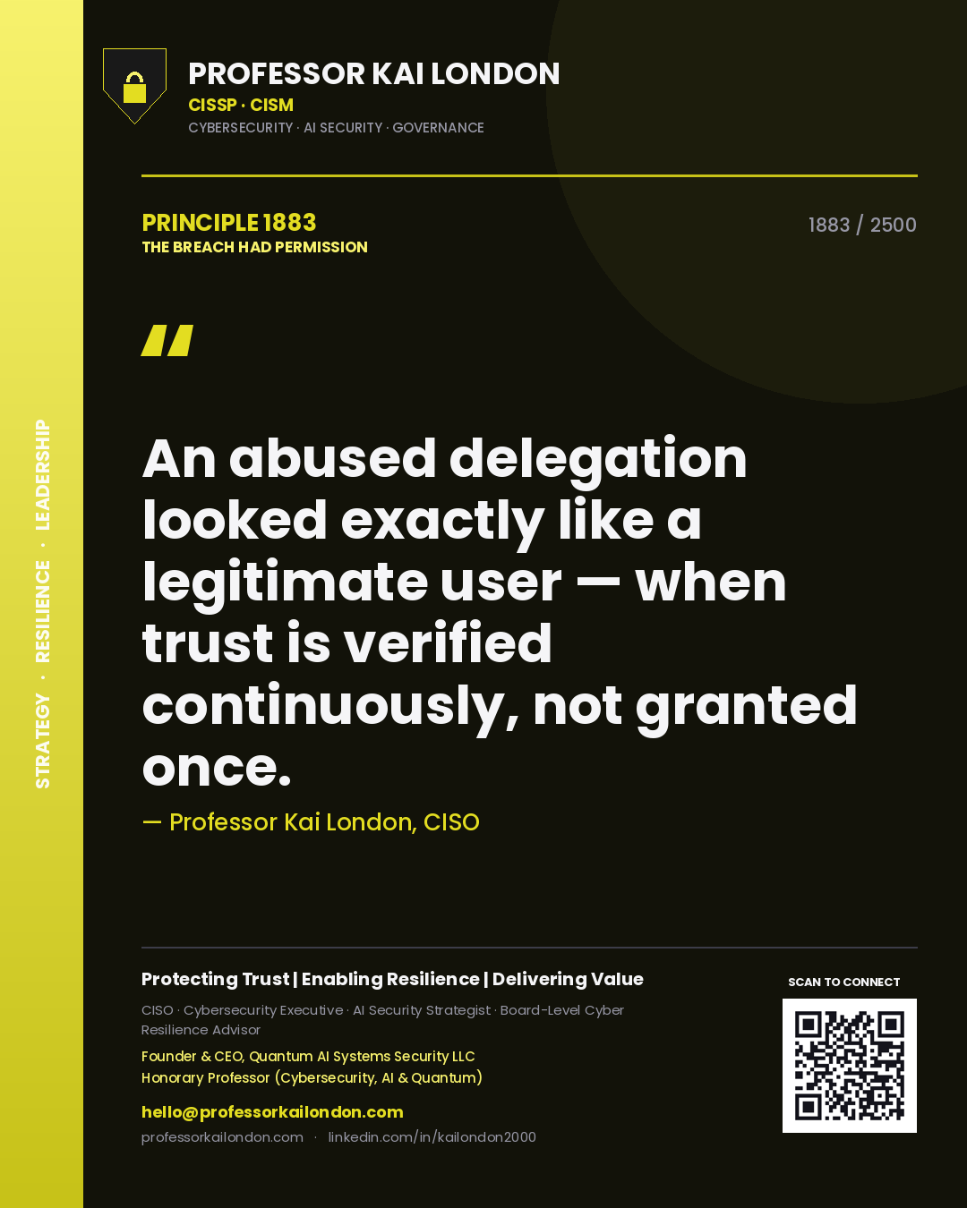 Quote card by Professor Kai London reading 'An abused delegation looked exactly like a legitimate user — when trust is verified continuously, not granted once.'. From the book The Breach Had Permission.