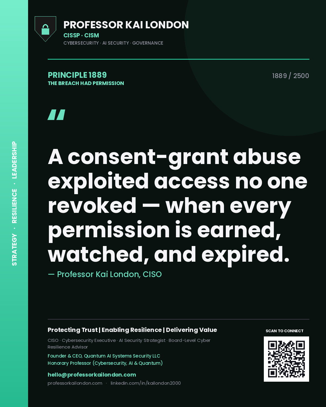 Quote card by Professor Kai London reading 'A consent-grant abuse exploited access no one revoked — when every permission is earned, watched, and expired.'. From the book The Breach Had Permission.