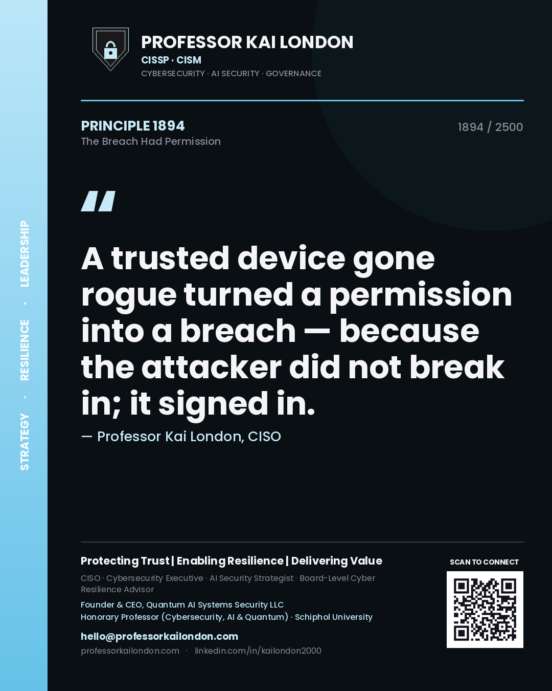 Quote card by Professor Kai London reading 'A trusted device gone rogue turned a permission into a breach — because the attacker did not break in; it signed in.'. From the book The Breach Had Permission.
