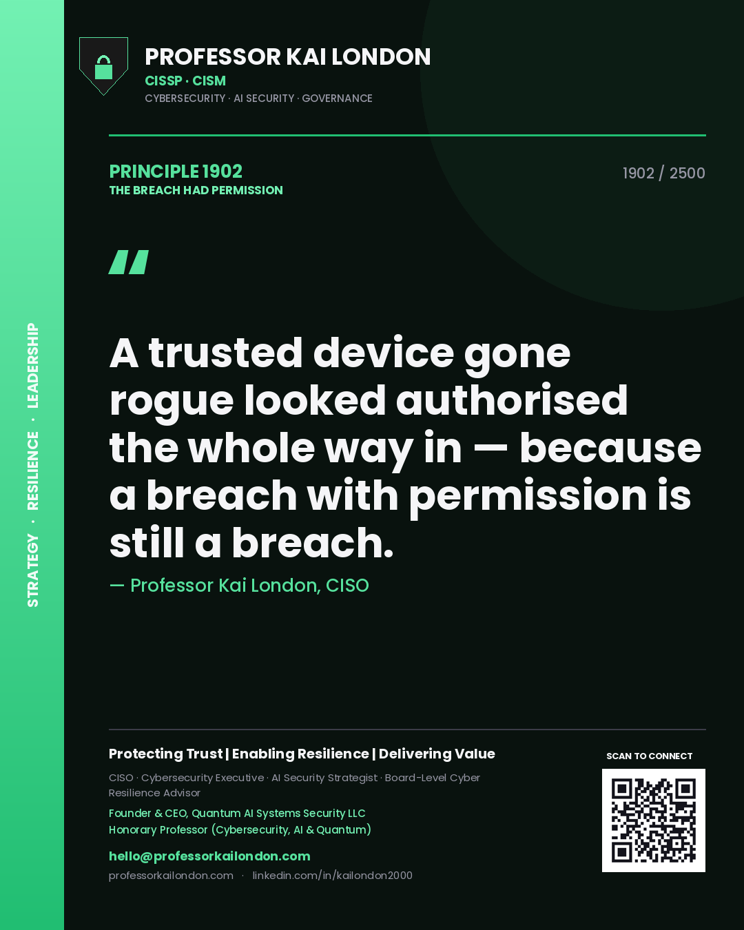Quote card by Professor Kai London reading 'A trusted device gone rogue looked authorised the whole way in — because a breach with permission is still a breach.'. From the book The Breach Had Permission.