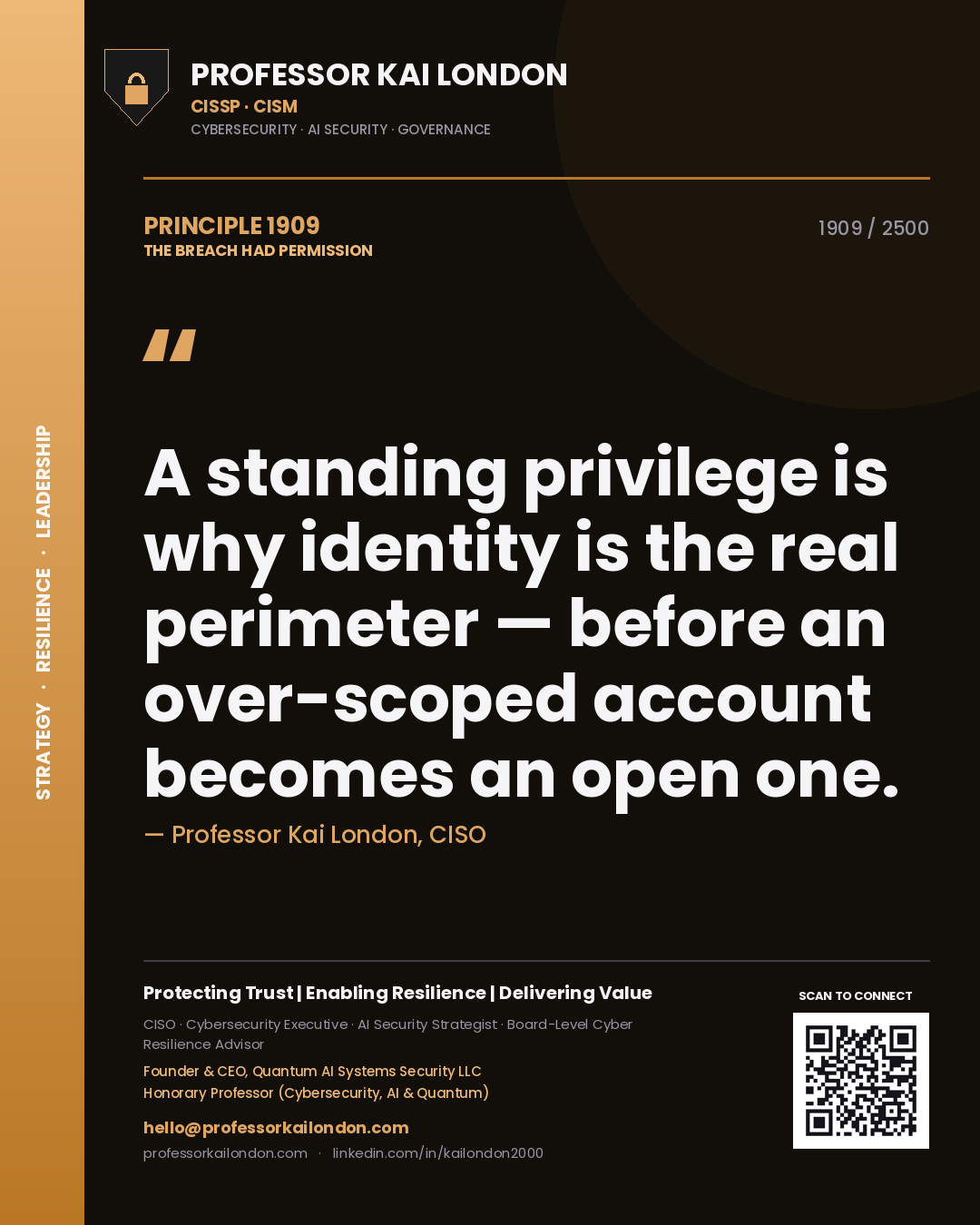Professor Kai London principle 1909: A standing privilege is why identity is the real perimeter — before an over-scoped account becomes an open one.