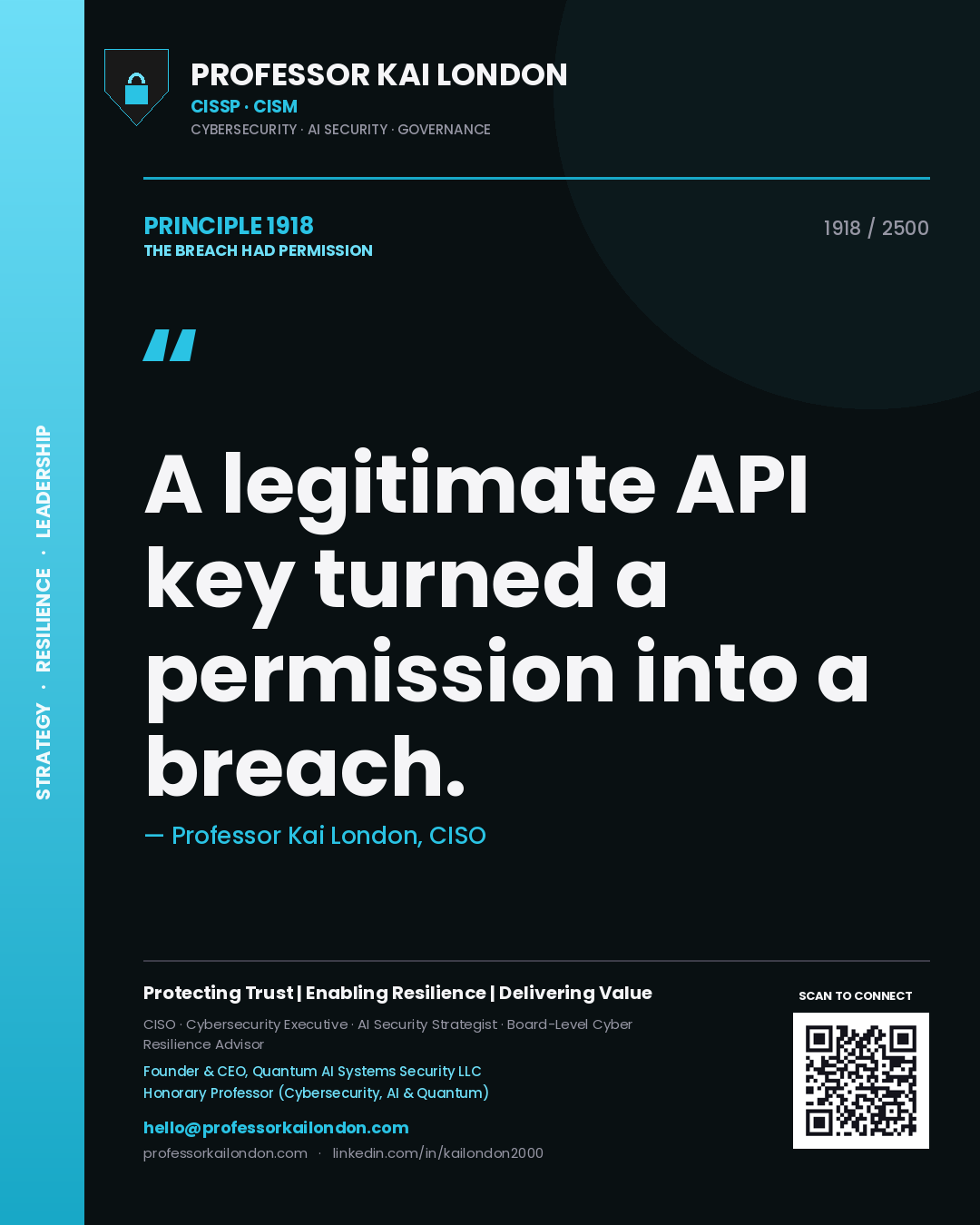 Quote card by Professor Kai London reading 'A legitimate API key turned a permission into a breach.'. From the book The Breach Had Permission.