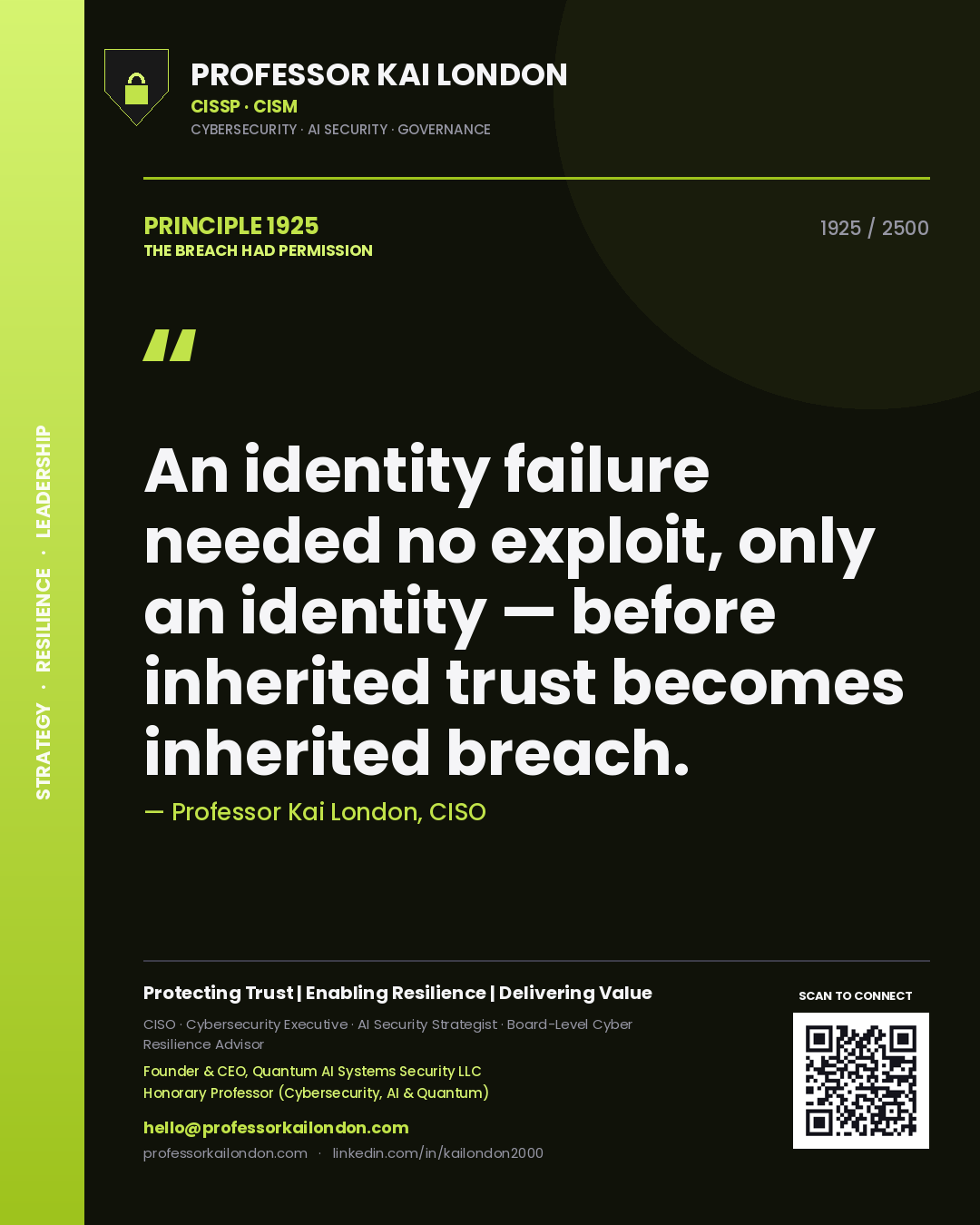 Professor Kai London principle 1925: An identity failure needed no exploit, only an identity — before inherited trust becomes inherited breach.