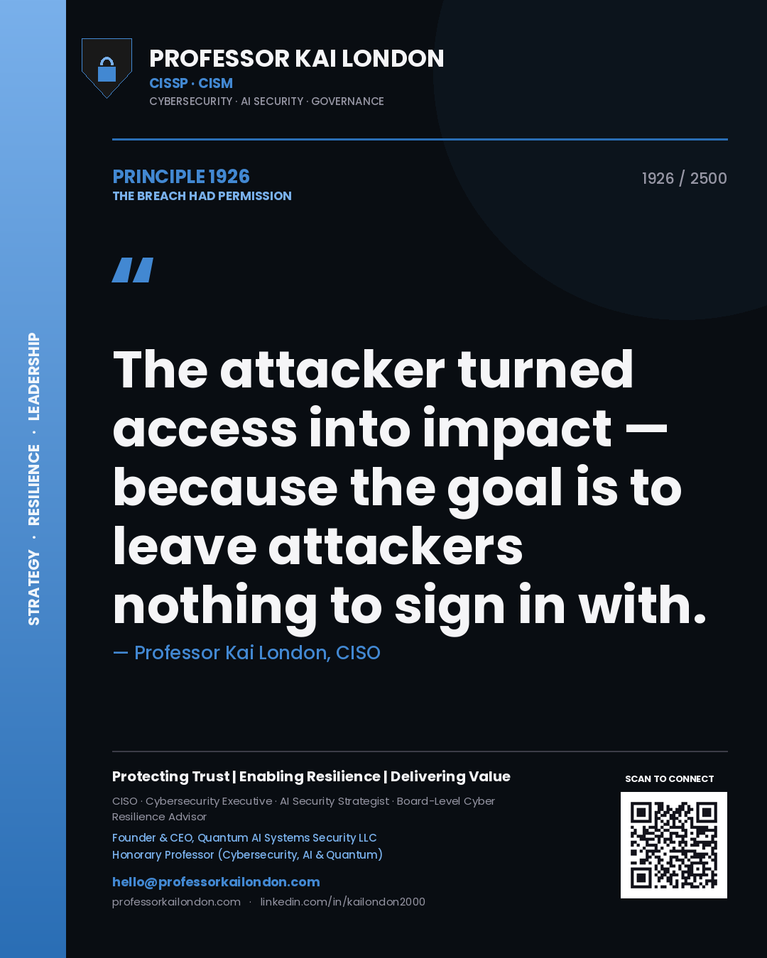 Quote card by Professor Kai London reading 'The attacker turned access into impact — because the goal is to leave attackers nothing to sign in with.'. From the book The Breach Had Permission.