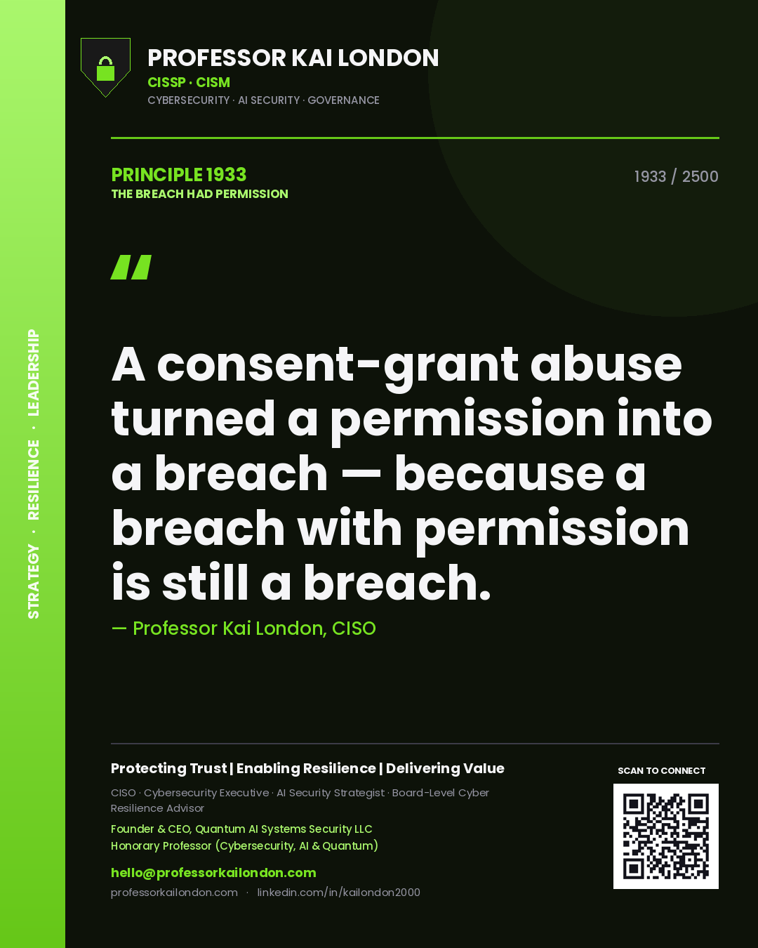 Professor Kai London principle 1933: A consent-grant abuse turned a permission into a breach — because a breach with permission is still a breach.