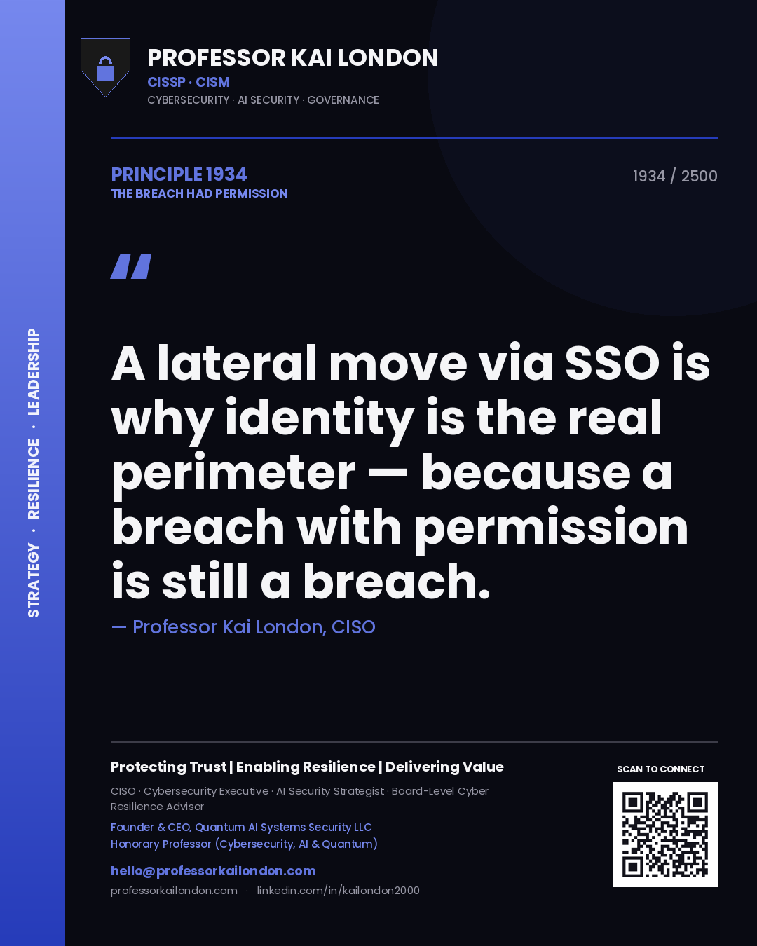 Professor Kai London principle 1934: A lateral move via SSO is why identity is the real perimeter — because a breach with permission is still a breach.