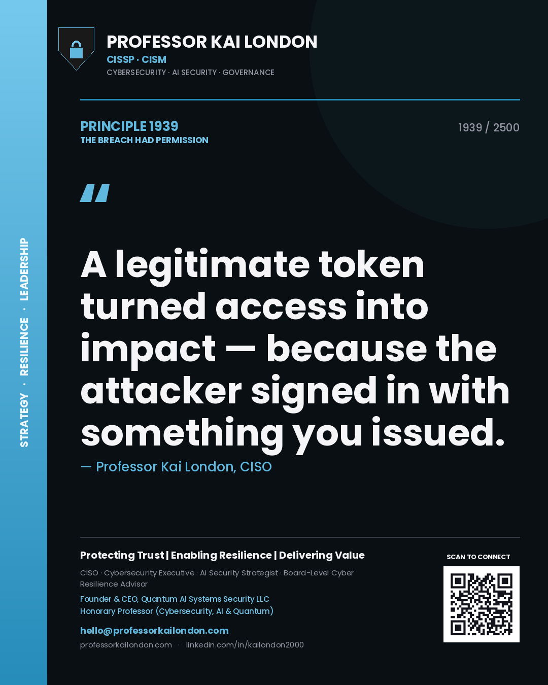 Professor Kai London principle 1939: A legitimate token turned access into impact — because the attacker signed in with something you issued.