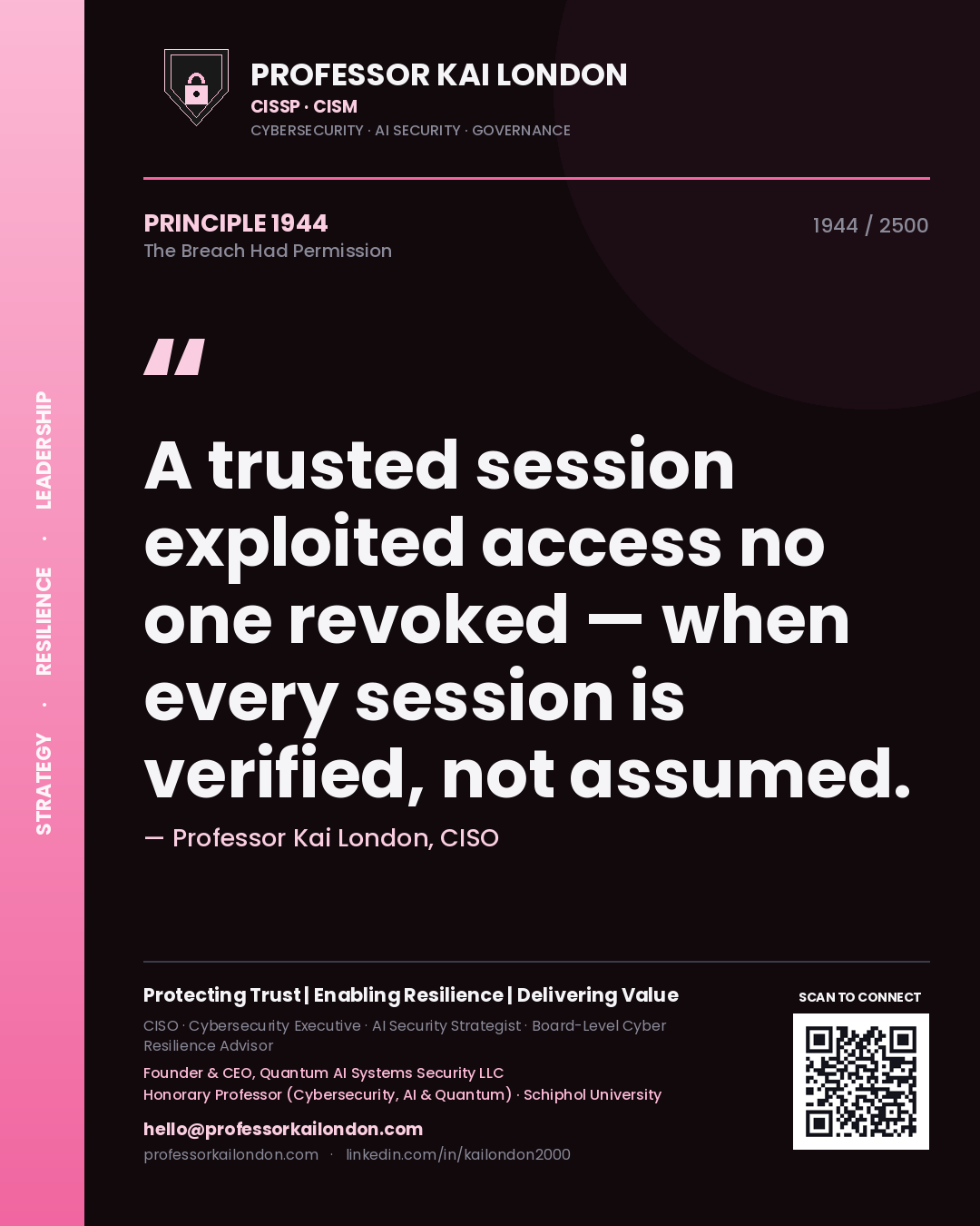 Quote card by Professor Kai London reading 'A trusted session exploited access no one revoked — when every session is verified, not assumed.'. From the book The Breach Had Permission.