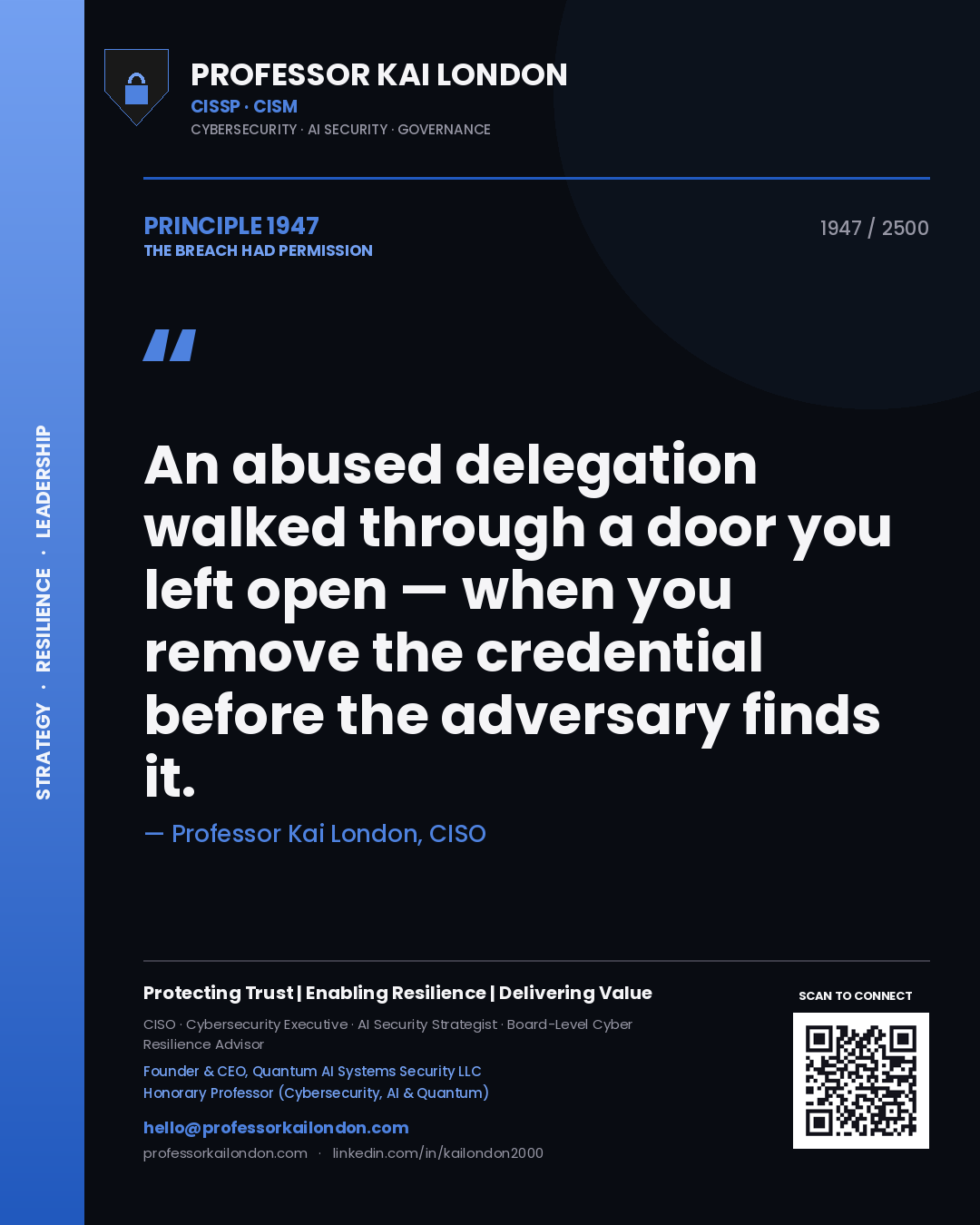 Professor Kai London principle 1947: An abused delegation walked through a door you left open — when you remove the credential before the adversary finds it.