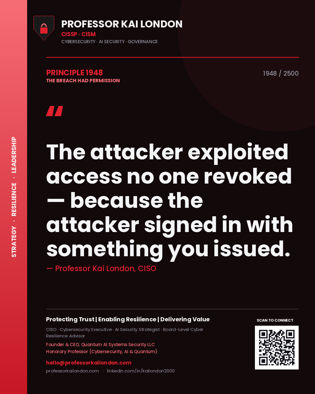 Quote card by Professor Kai London reading 'The attacker exploited access no one revoked — because the attacker signed in with something you issued.'. From the book The Breach Had Permission.