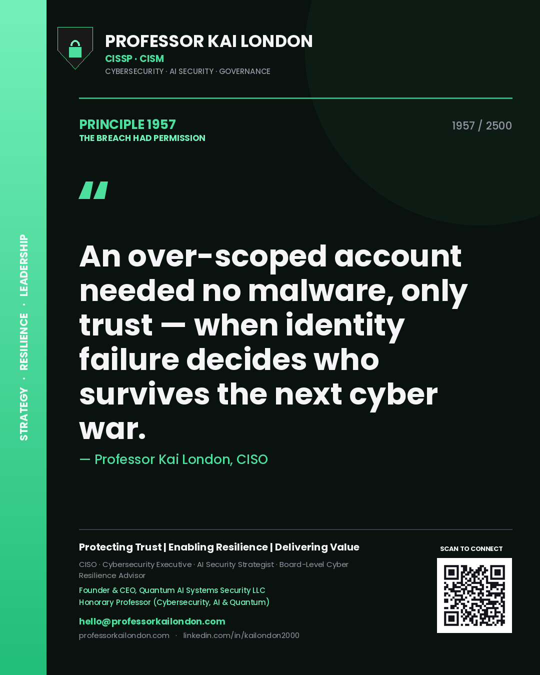 Quote card by Professor Kai London reading 'An over-scoped account needed no malware, only trust — when identity failure decides who survives the next cyber war.'. From the book The Breach Had Permission.