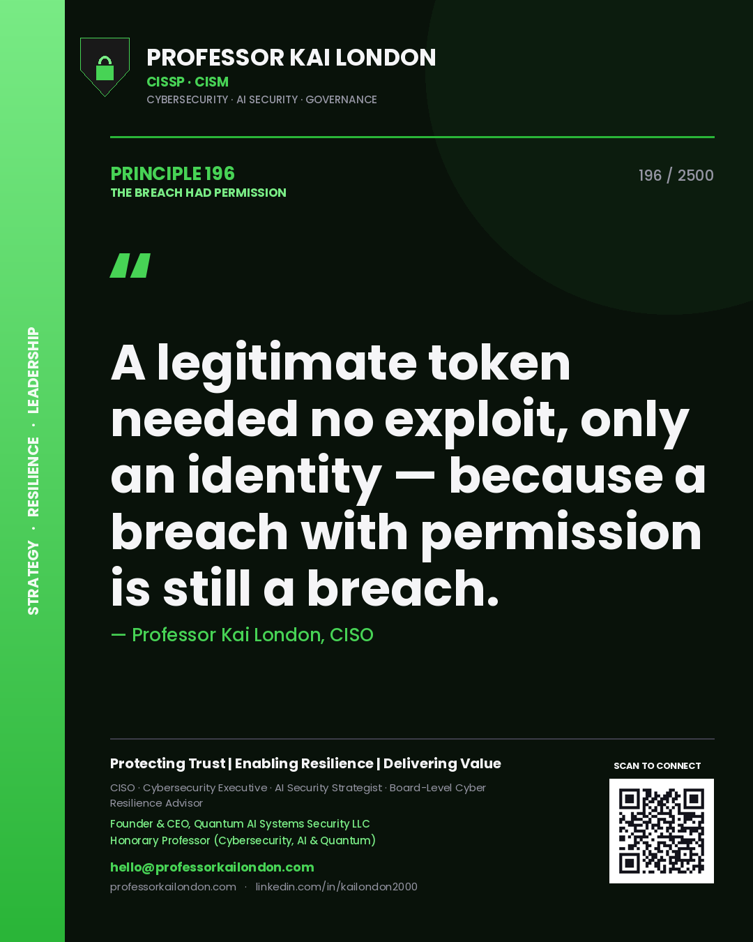 Quote card by Professor Kai London reading 'A legitimate token needed no exploit, only an identity — because a breach with permission is still a breach.'. From the book The Breach Had Permission.