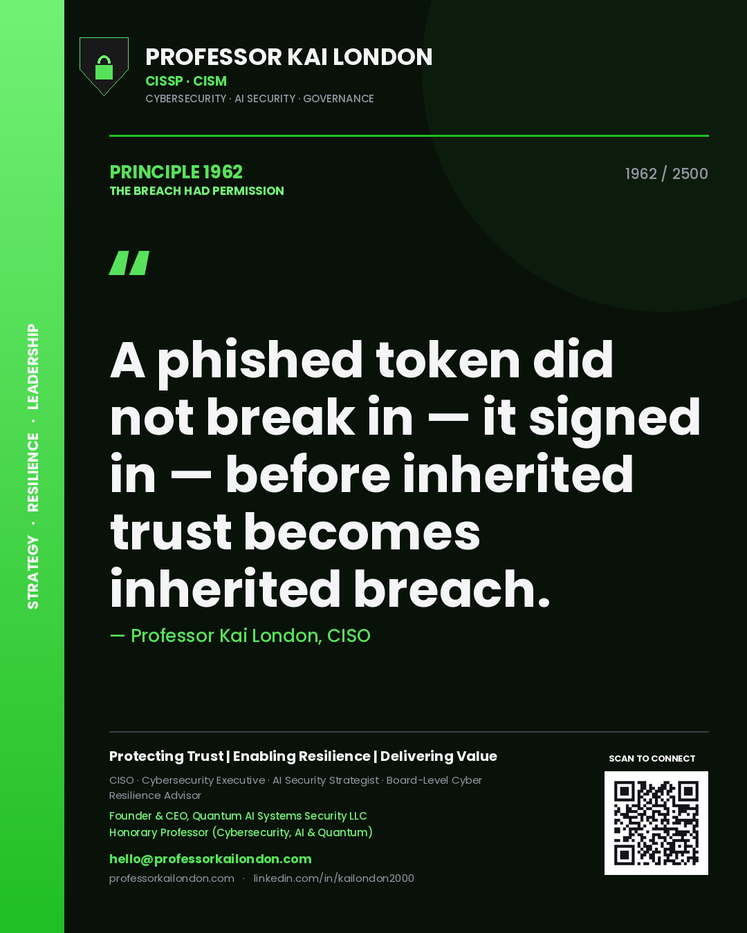 Professor Kai London principle 1962: A phished token did not break in — it signed in — before inherited trust becomes inherited breach.