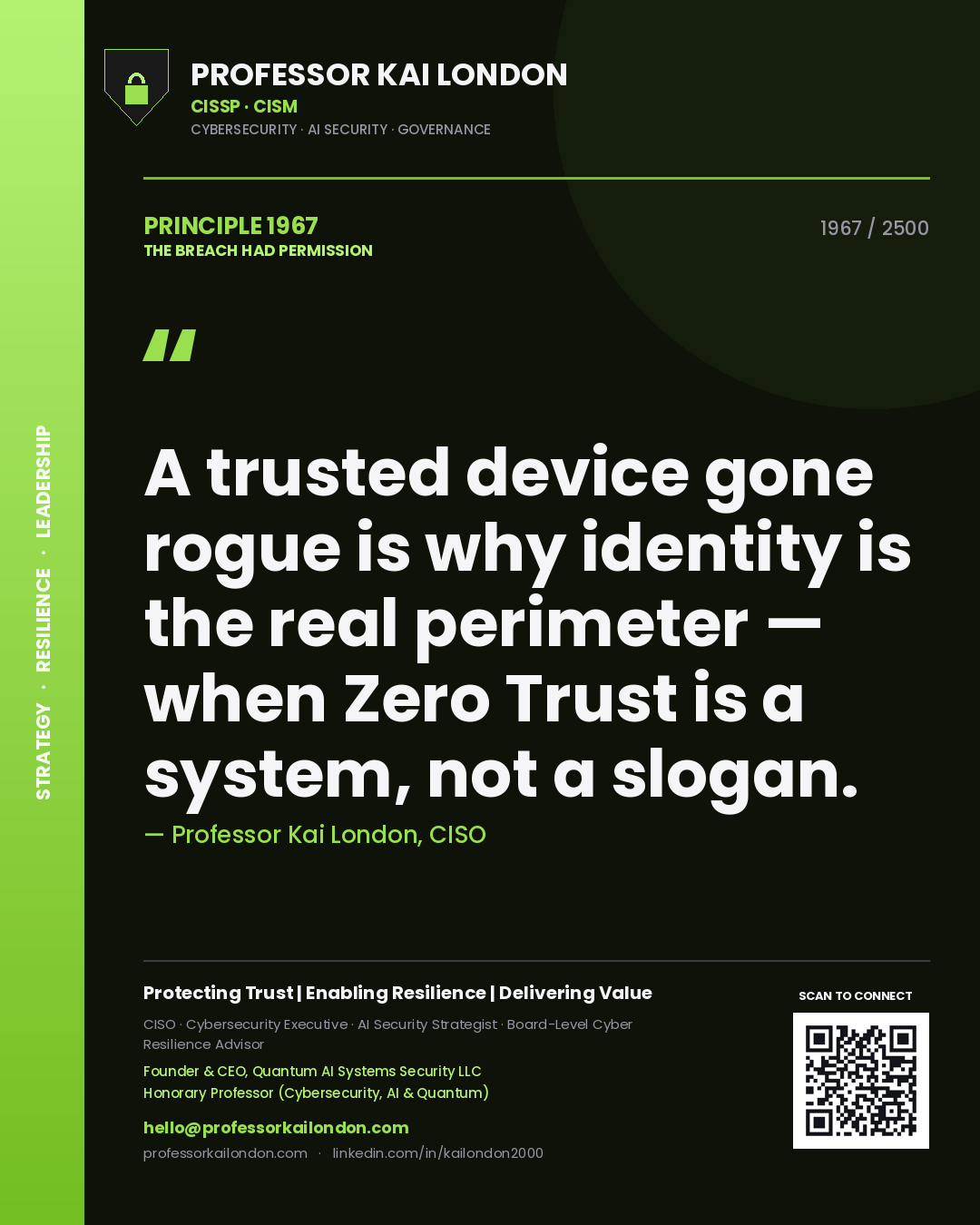 Quote card by Professor Kai London reading 'A trusted device gone rogue is why identity is the real perimeter — when Zero Trust is a system, not a slogan.'. From the book The Breach Had Permission.