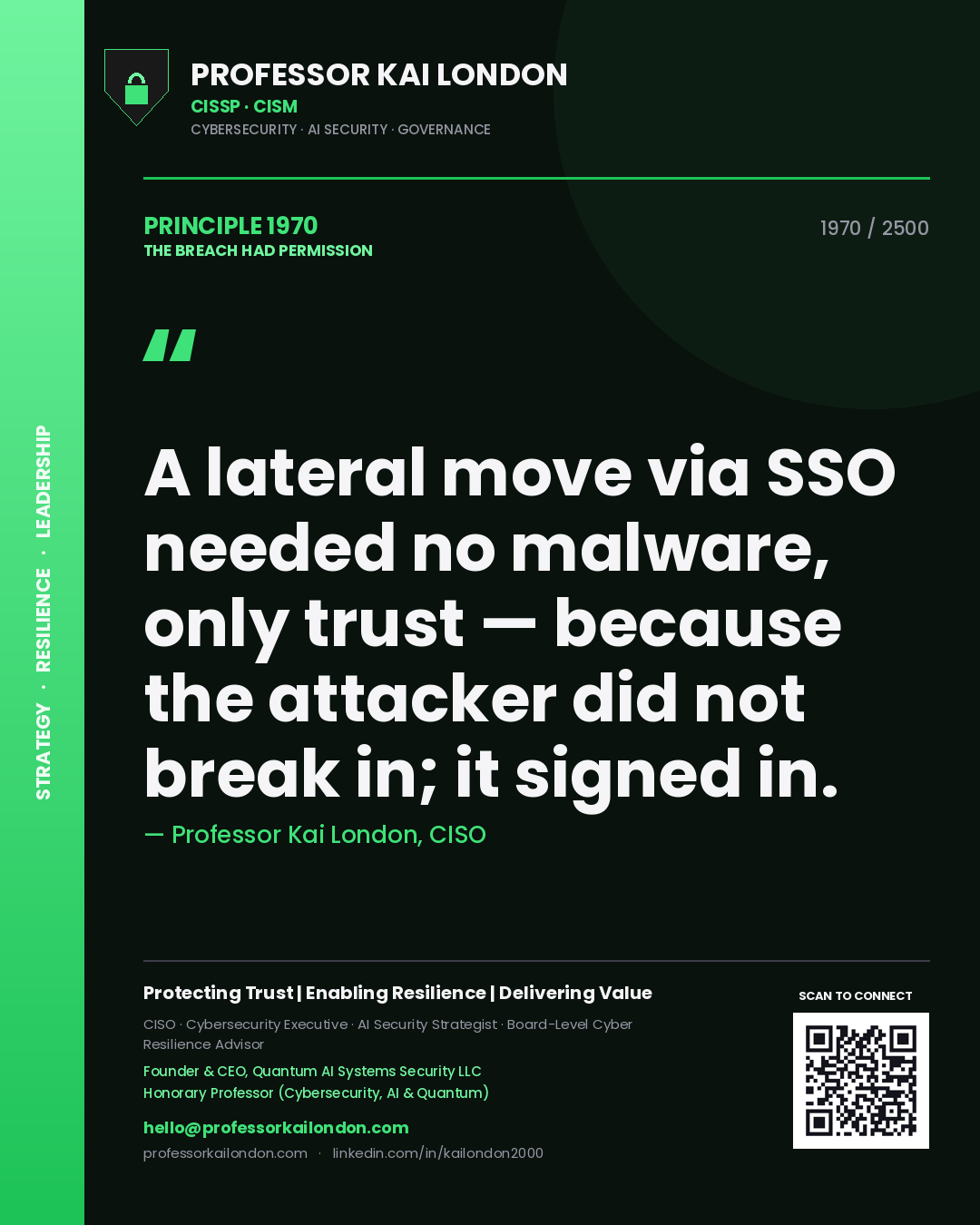 Professor Kai London principle 1970: A lateral move via SSO needed no malware, only trust — because the attacker did not break in; it signed in.