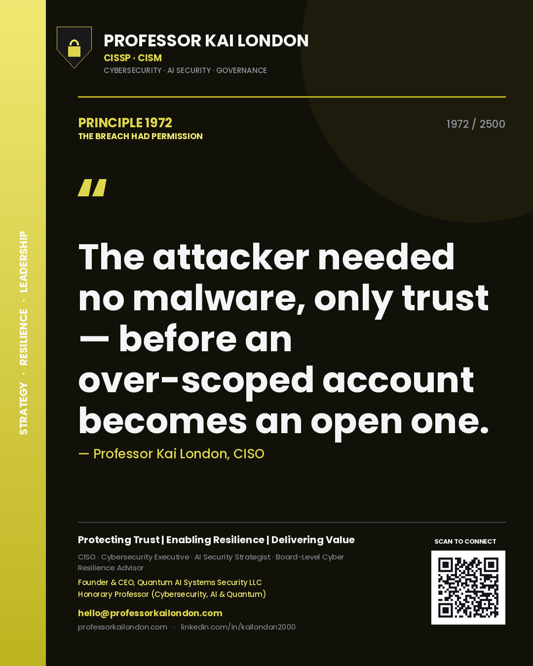 Professor Kai London principle 1972: The attacker needed no malware, only trust — before an over-scoped account becomes an open one.