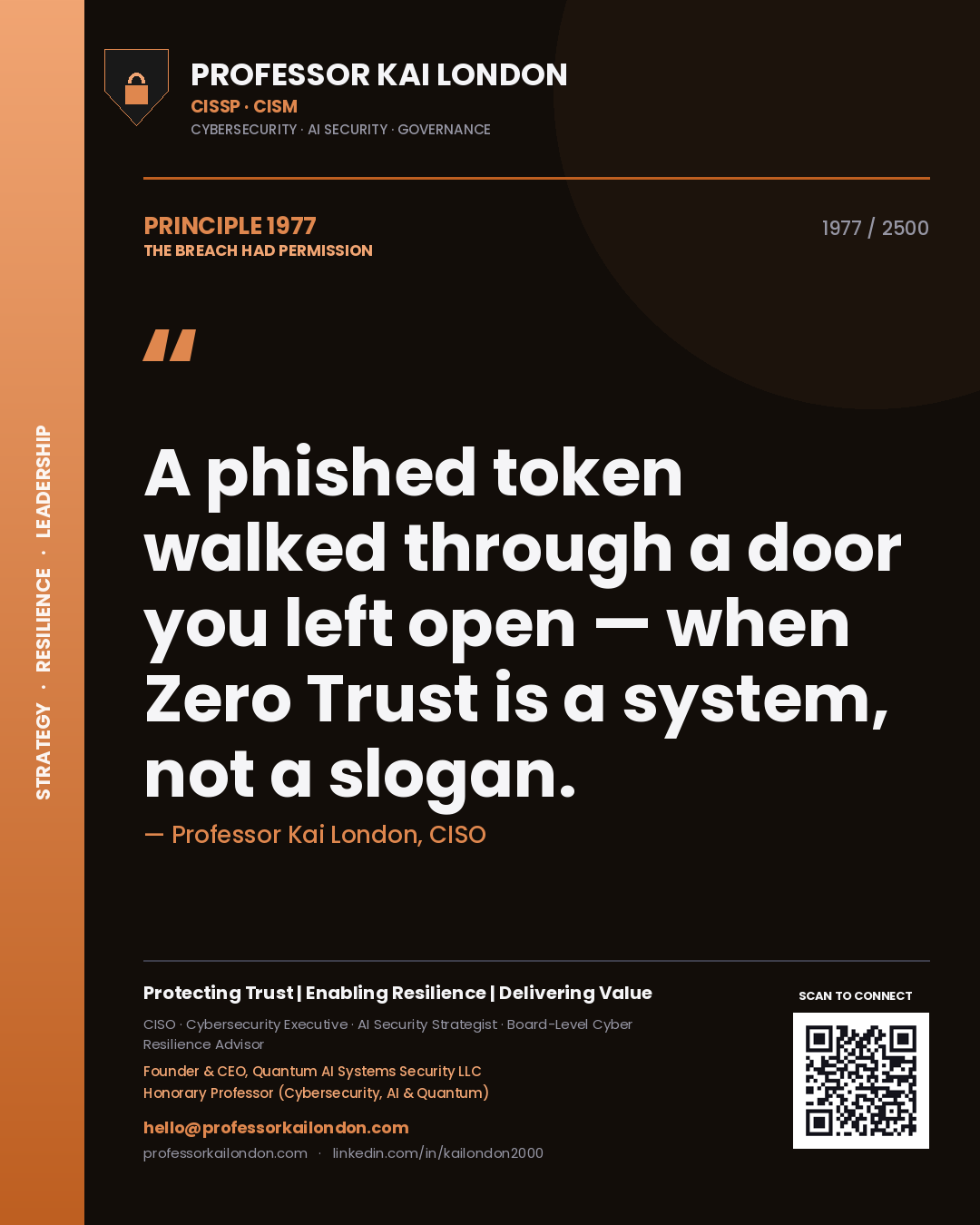 Professor Kai London principle 1977: A phished token walked through a door you left open — when Zero Trust is a system, not a slogan.