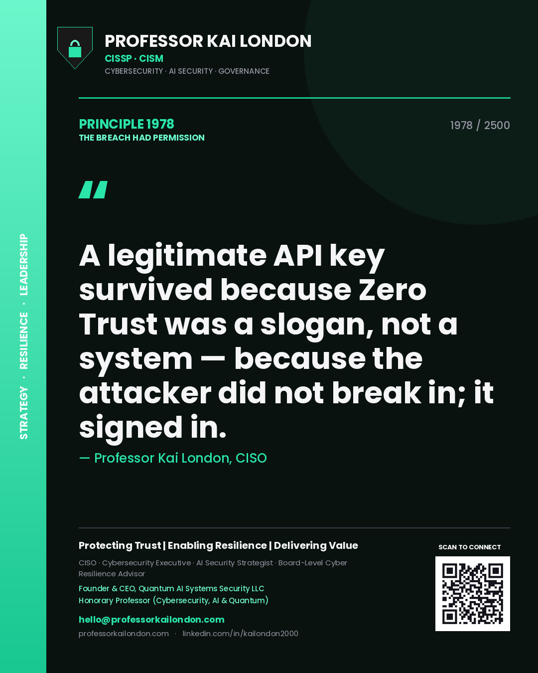 Professor Kai London principle 1978: A legitimate API key survived because Zero Trust was a slogan, not a system — because the attacker did not break in; it signed in.