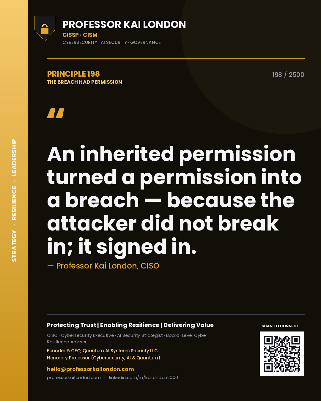 Quote card by Professor Kai London reading 'An inherited permission turned a permission into a breach — because the attacker did not break in; it signed in.'. From the book The Breach Had Permission.