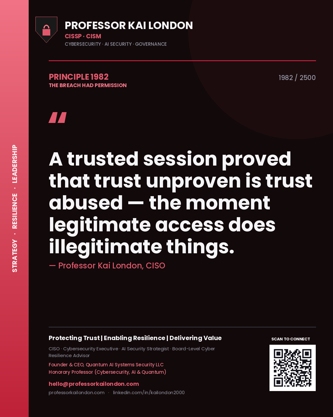Quote card by Professor Kai London reading 'A trusted session proved that trust unproven is trust abused — the moment legitimate access does illegitimate things.'. From the book The Breach Had Permission.