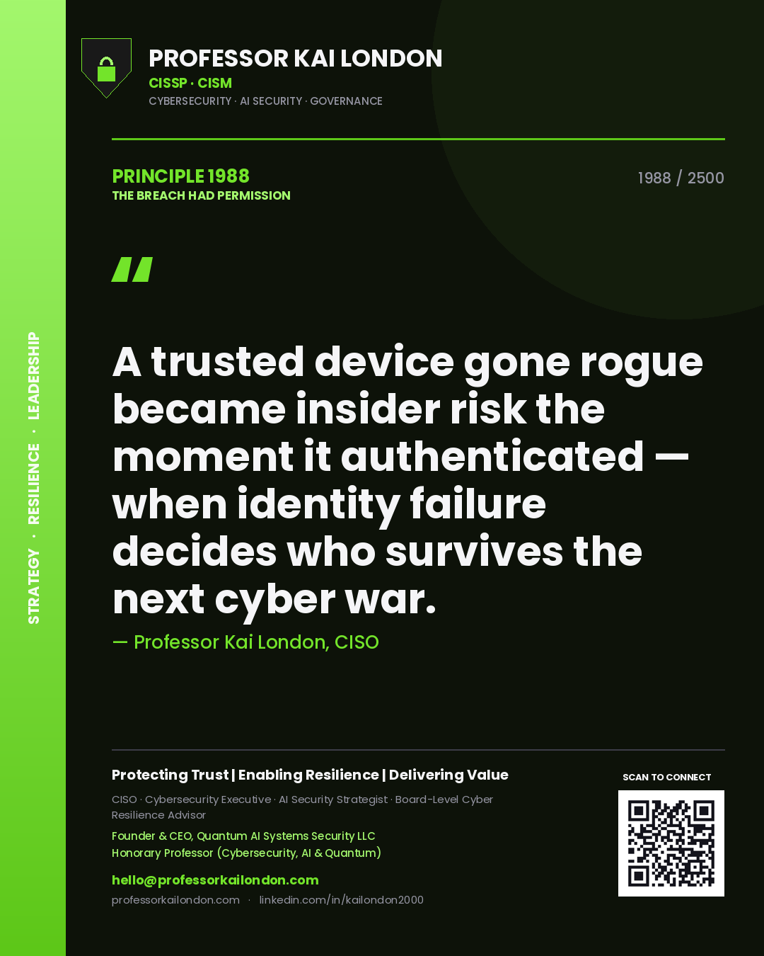 Professor Kai London principle 1988: A trusted device gone rogue became insider risk the moment it authenticated — when identity failure decides who survives the next cyber war.