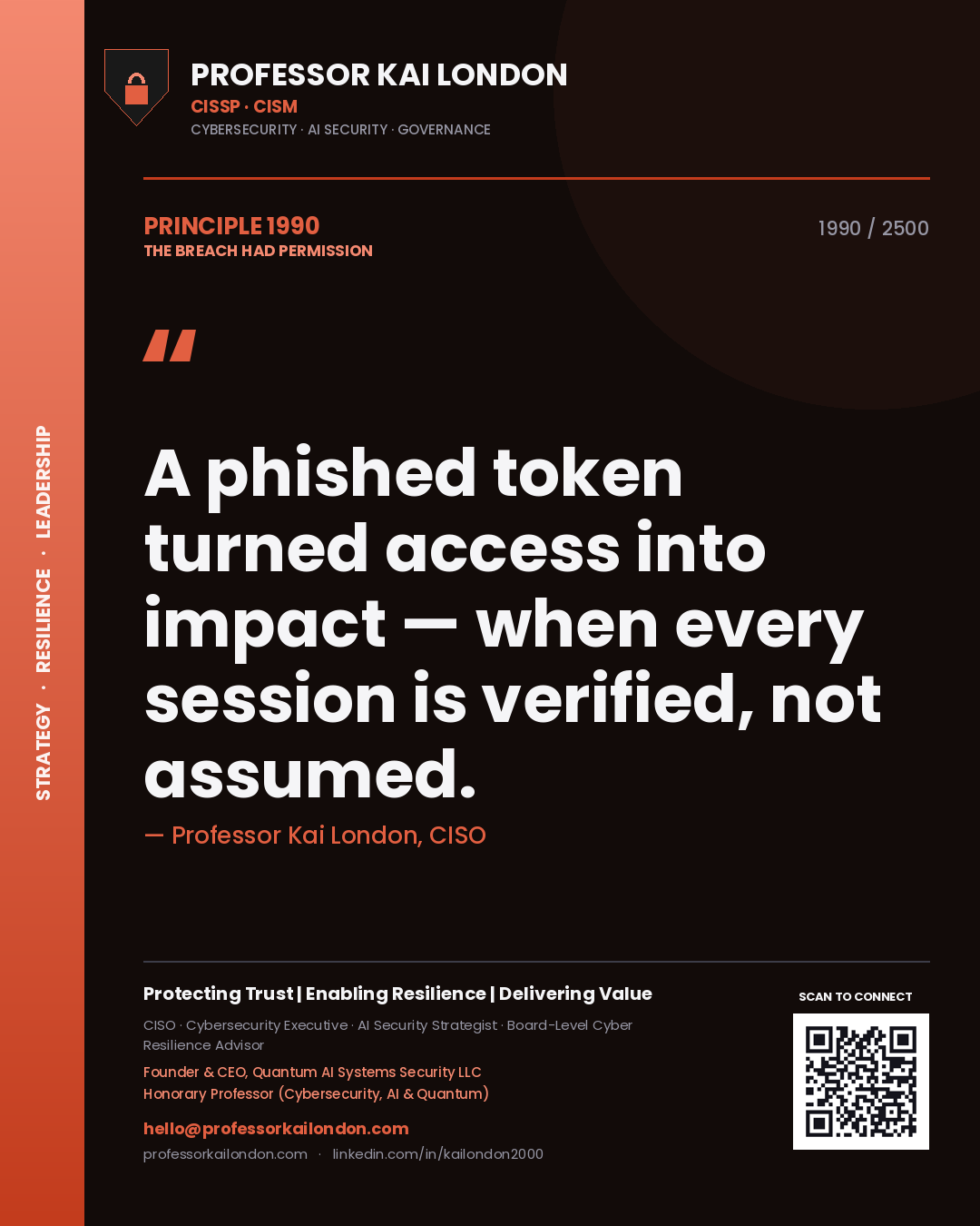 Professor Kai London principle 1990: A phished token turned access into impact — when every session is verified, not assumed.