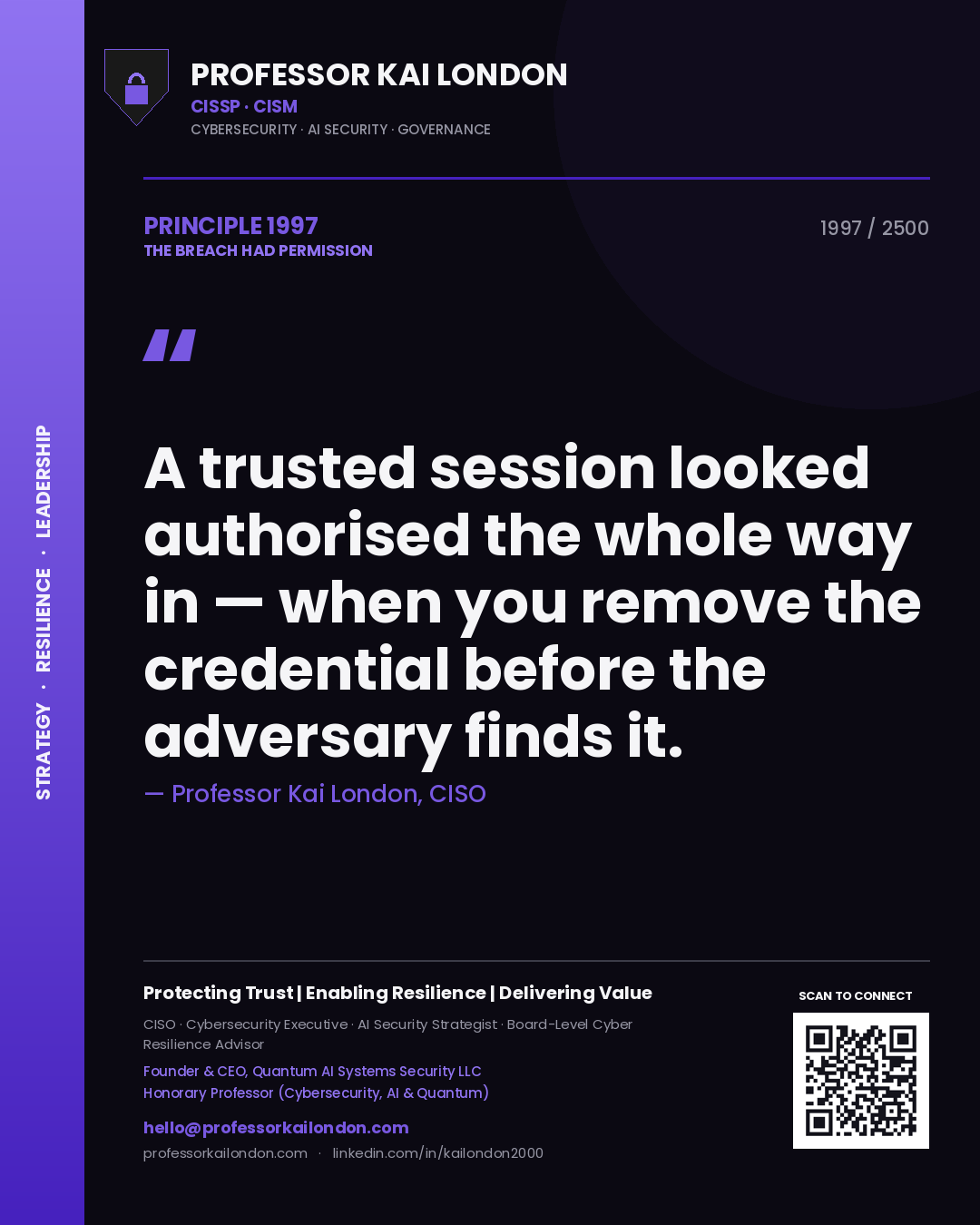 Quote card by Professor Kai London reading 'A trusted session looked authorised the whole way in — when you remove the credential before the adversary finds it.'. From the book The Breach Had Permission.
