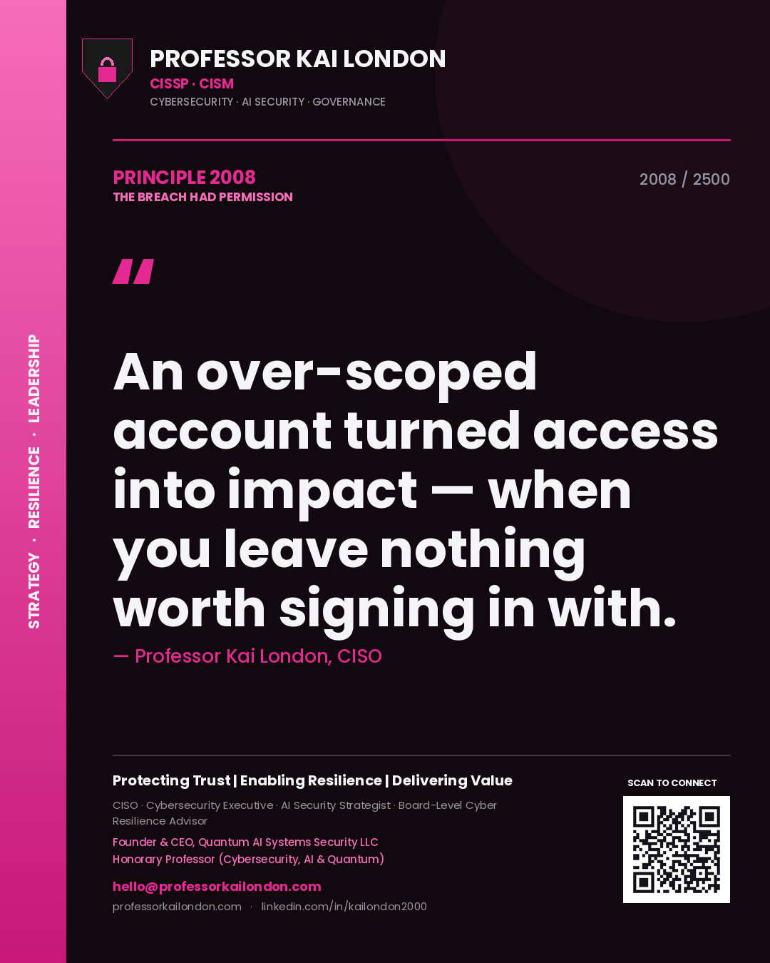 Quote card by Professor Kai London reading 'An over-scoped account turned access into impact — when you leave nothing worth signing in with.'. From the book The Breach Had Permission.