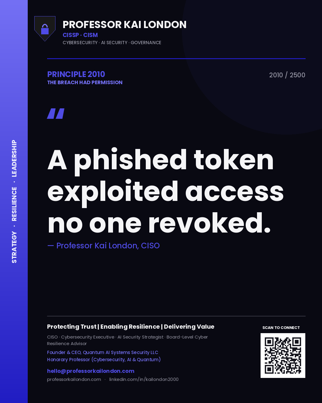 Quote card by Professor Kai London reading 'A phished token exploited access no one revoked.'. From the book The Breach Had Permission.