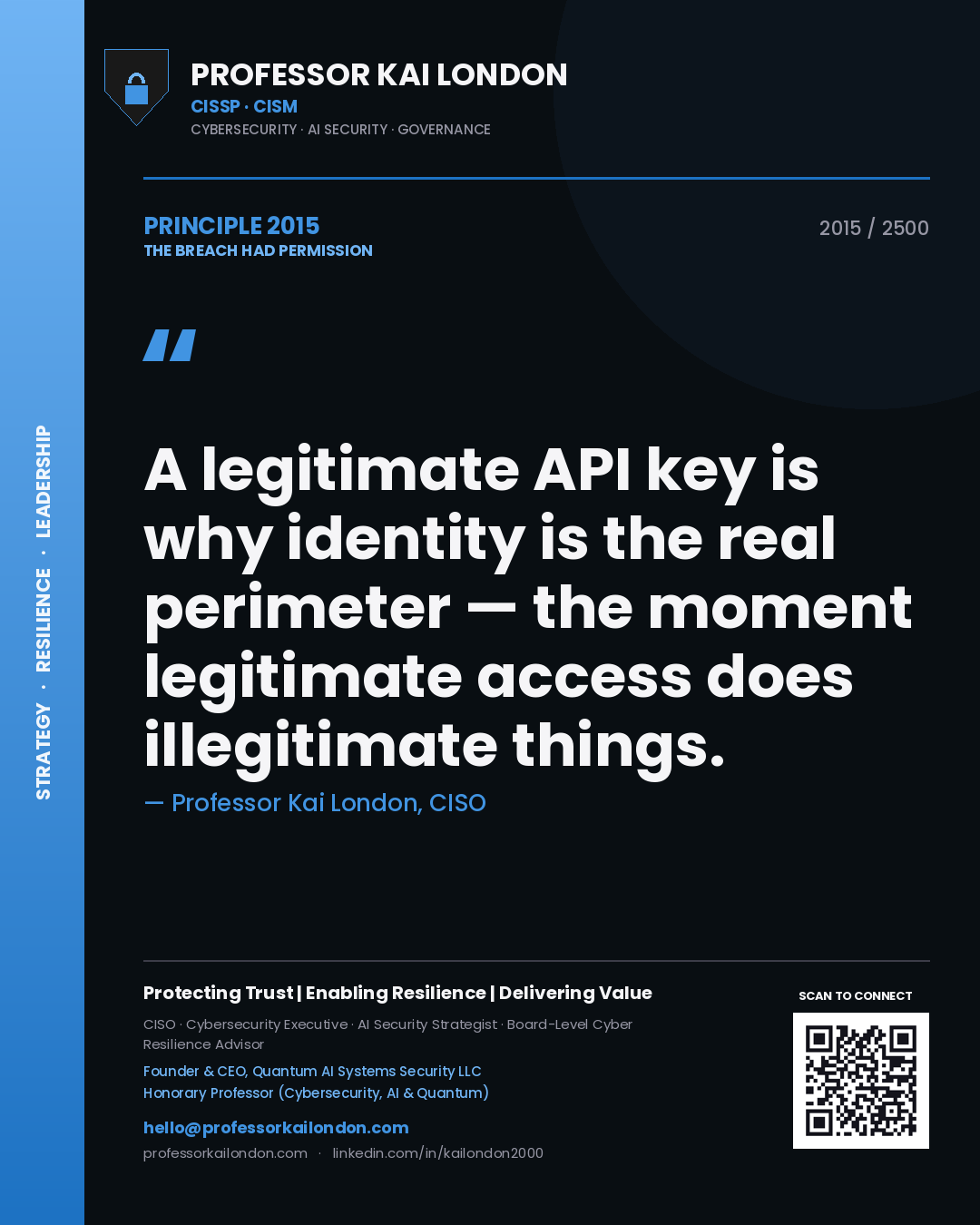 Professor Kai London principle 2015: A legitimate API key is why identity is the real perimeter — the moment legitimate access does illegitimate things.