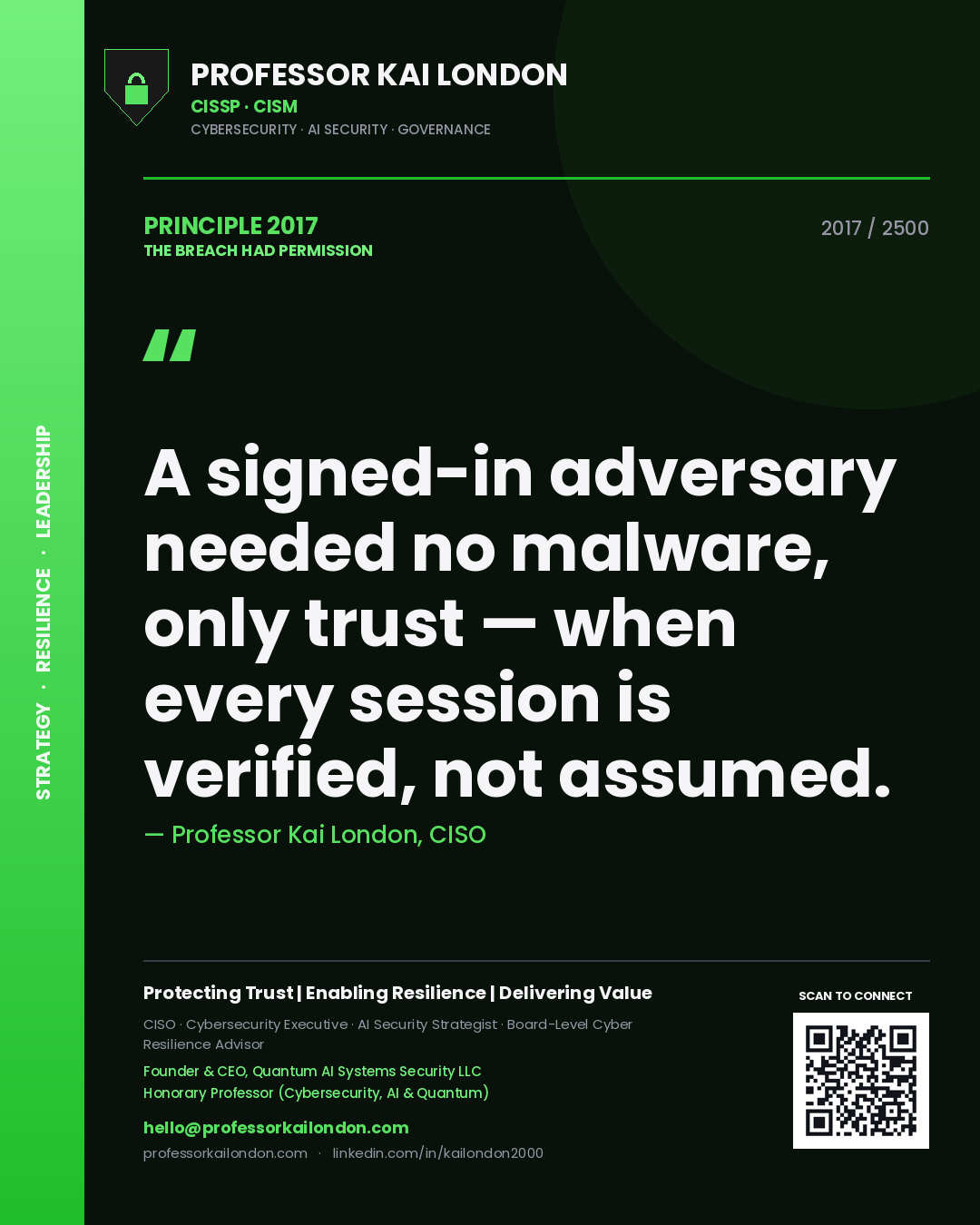 Quote card by Professor Kai London reading 'A signed-in adversary needed no malware, only trust — when every session is verified, not assumed.'. From the book The Breach Had Permission.