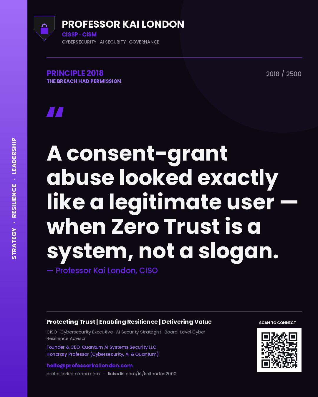 Professor Kai London principle 2018: A consent-grant abuse looked exactly like a legitimate user — when Zero Trust is a system, not a slogan.