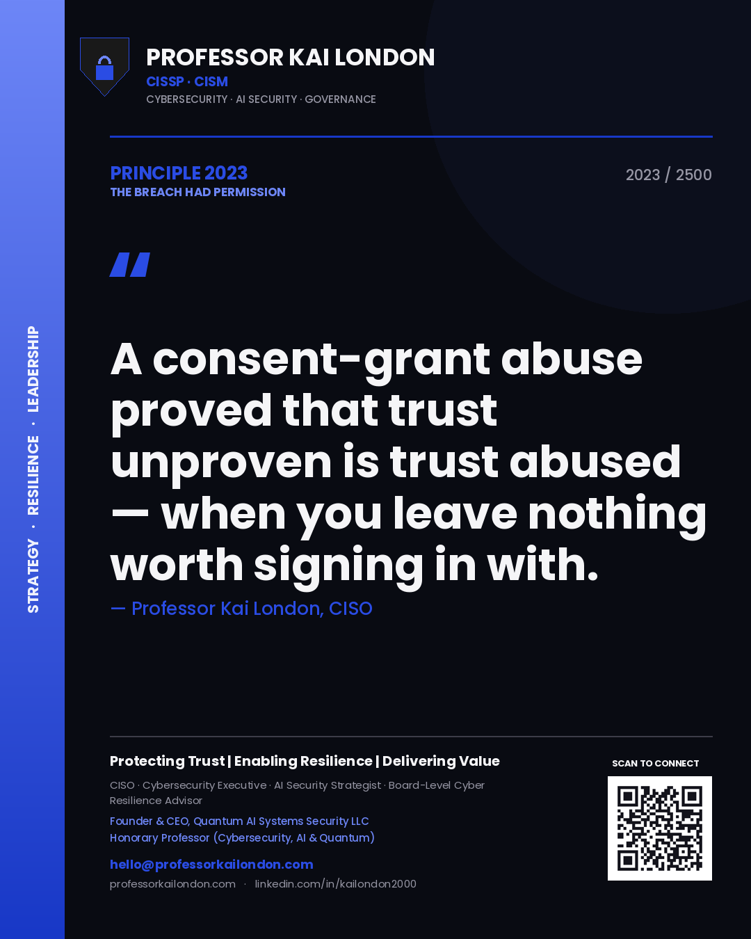 Professor Kai London principle 2023: A consent-grant abuse proved that trust unproven is trust abused — when you leave nothing worth signing in with.