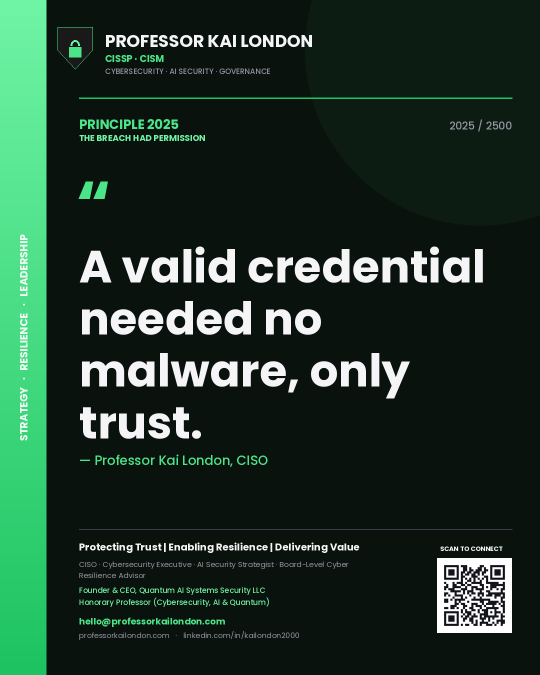 Quote card by Professor Kai London reading 'A valid credential needed no malware, only trust.'. From the book The Breach Had Permission.