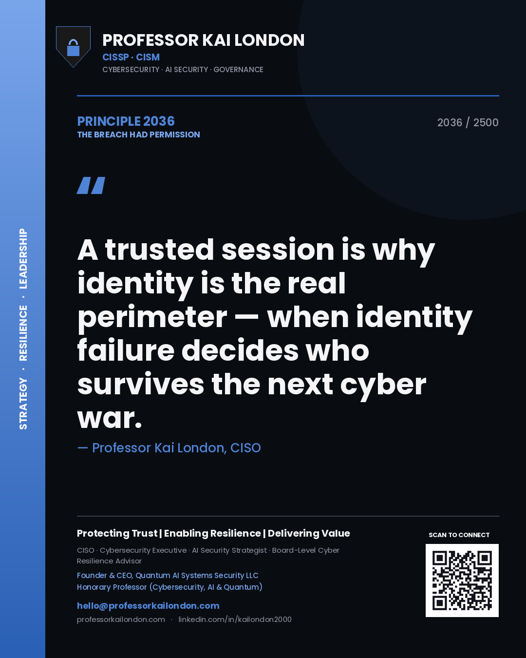 Quote card by Professor Kai London reading 'A trusted session is why identity is the real perimeter — when identity failure decides who survives the next cyber war.'. From the book The Breach Had Permission.