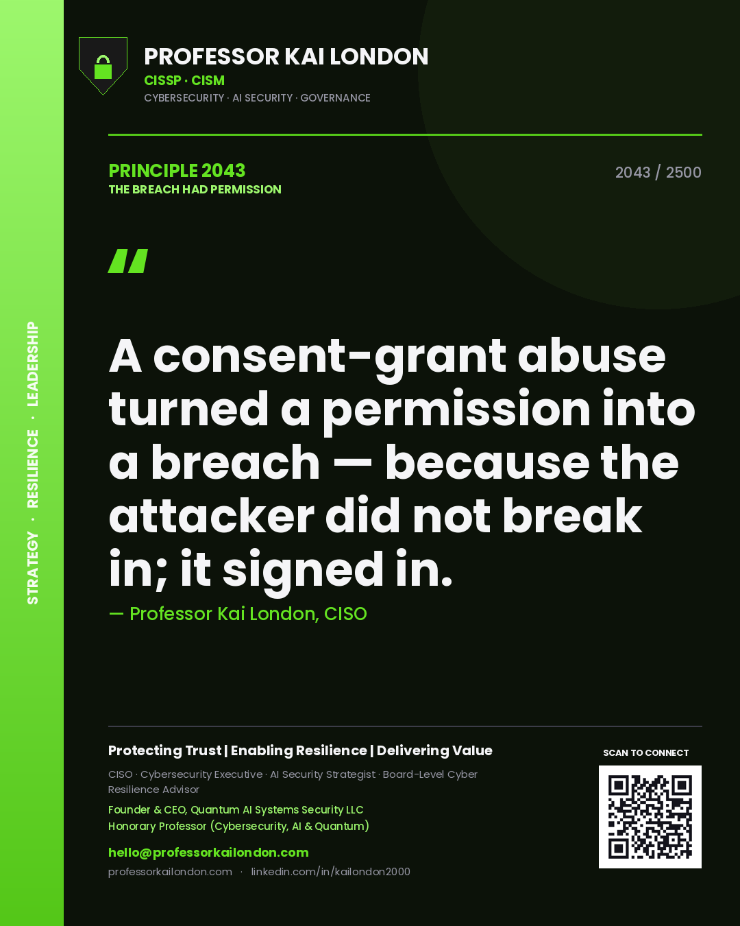 Quote card by Professor Kai London reading 'A consent-grant abuse turned a permission into a breach — because the attacker did not break in; it signed in.'. From the book The Breach Had Permission.