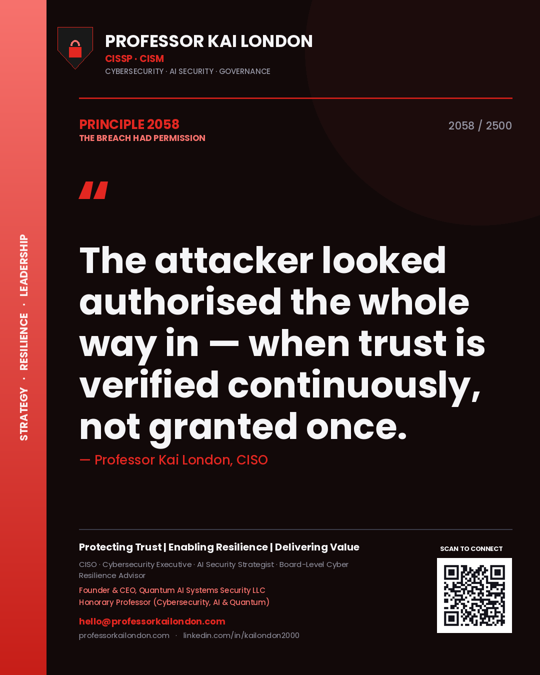 Professor Kai London principle 2058: The attacker looked authorised the whole way in — when trust is verified continuously, not granted once.