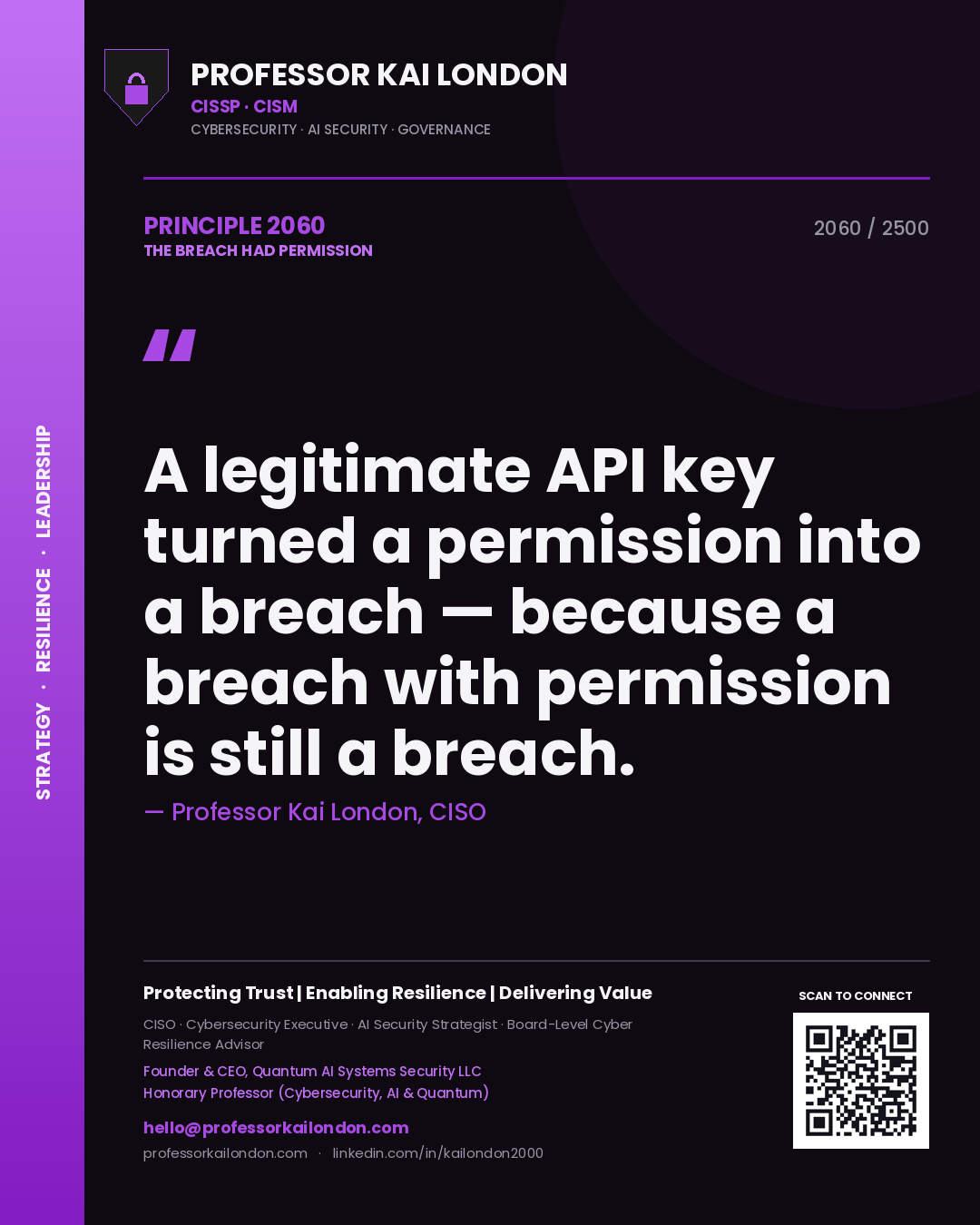 Professor Kai London principle 2060: A legitimate API key turned a permission into a breach — because a breach with permission is still a breach.