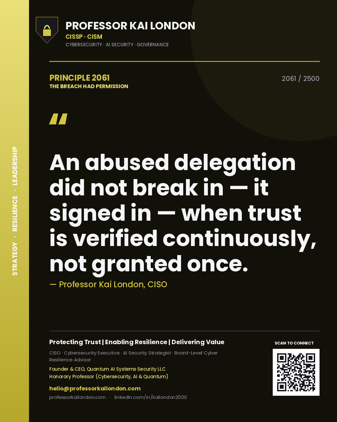 Professor Kai London principle 2061: An abused delegation did not break in — it signed in — when trust is verified continuously, not granted once.